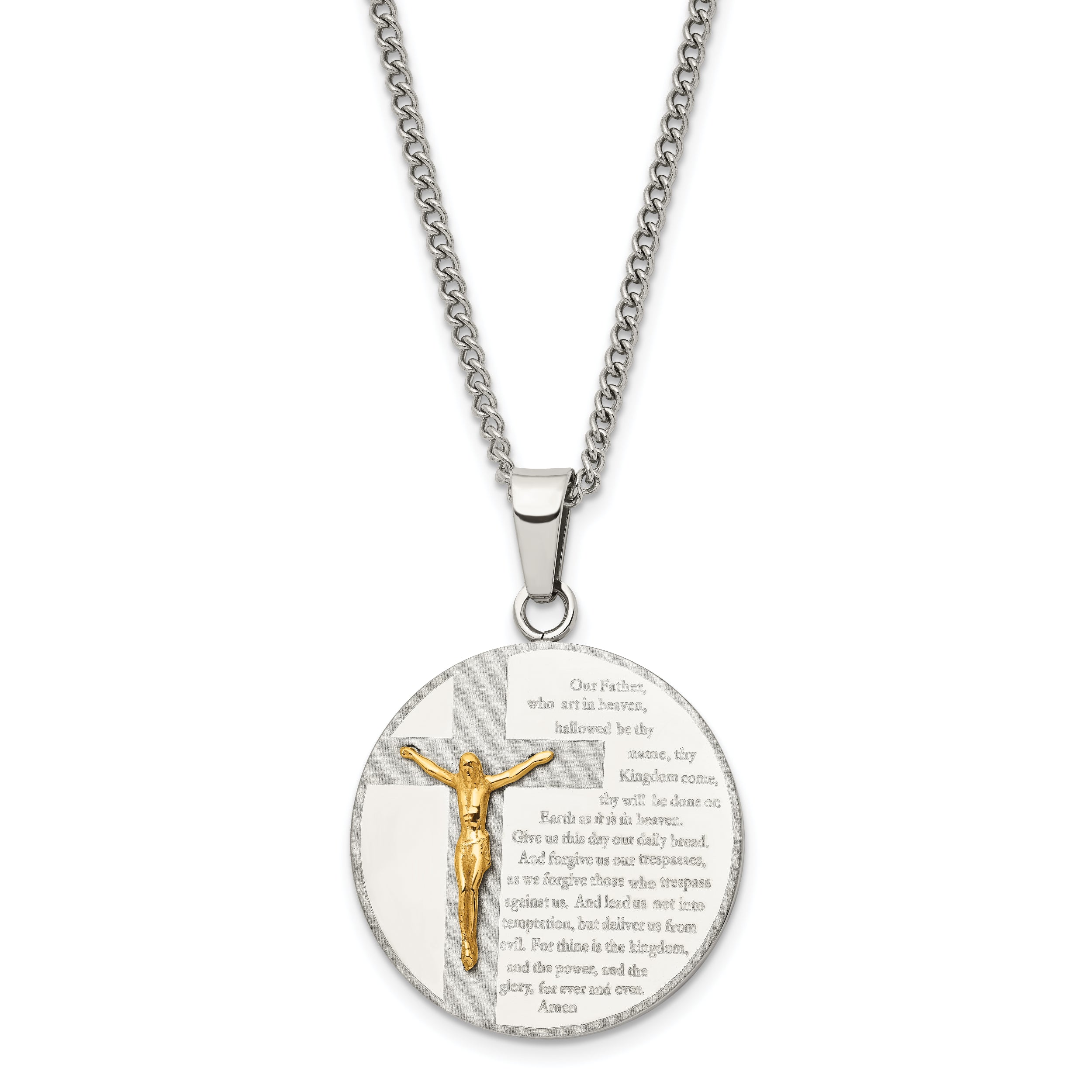 Chisel Stainless Steel Brushed and Polished Yellow IP-plated Lords Prayer Crucifx Pendant on a 24 inch Curb Chain Necklace