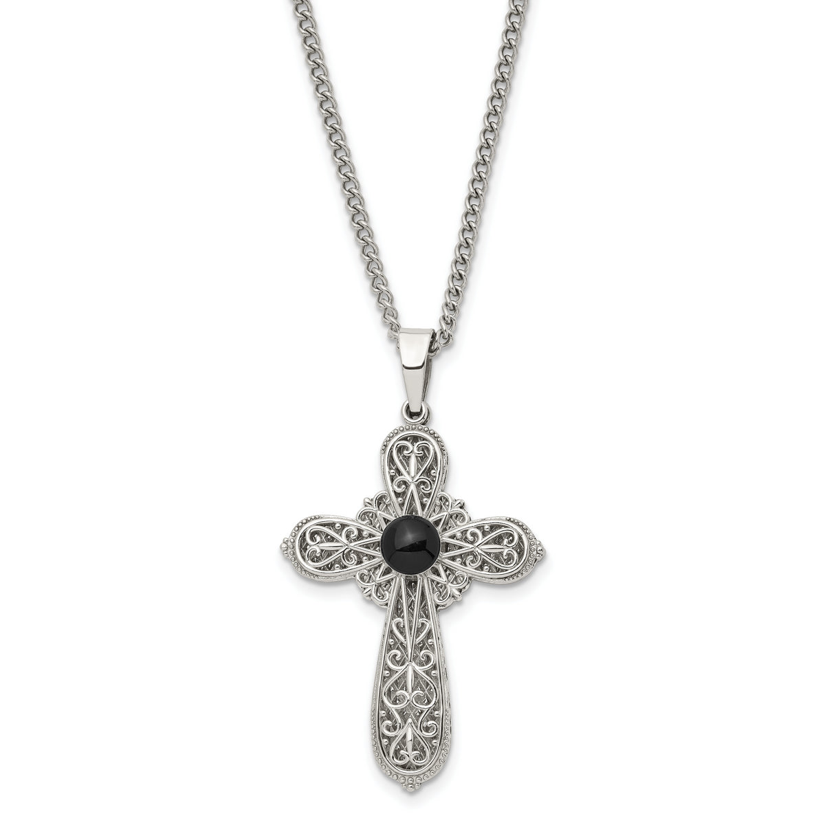 Chisel Stainless Steel Brushed and Polished Black Epoxy Pentecost Prayer Cross Pendant on a 24 inch Curb Chain Necklace