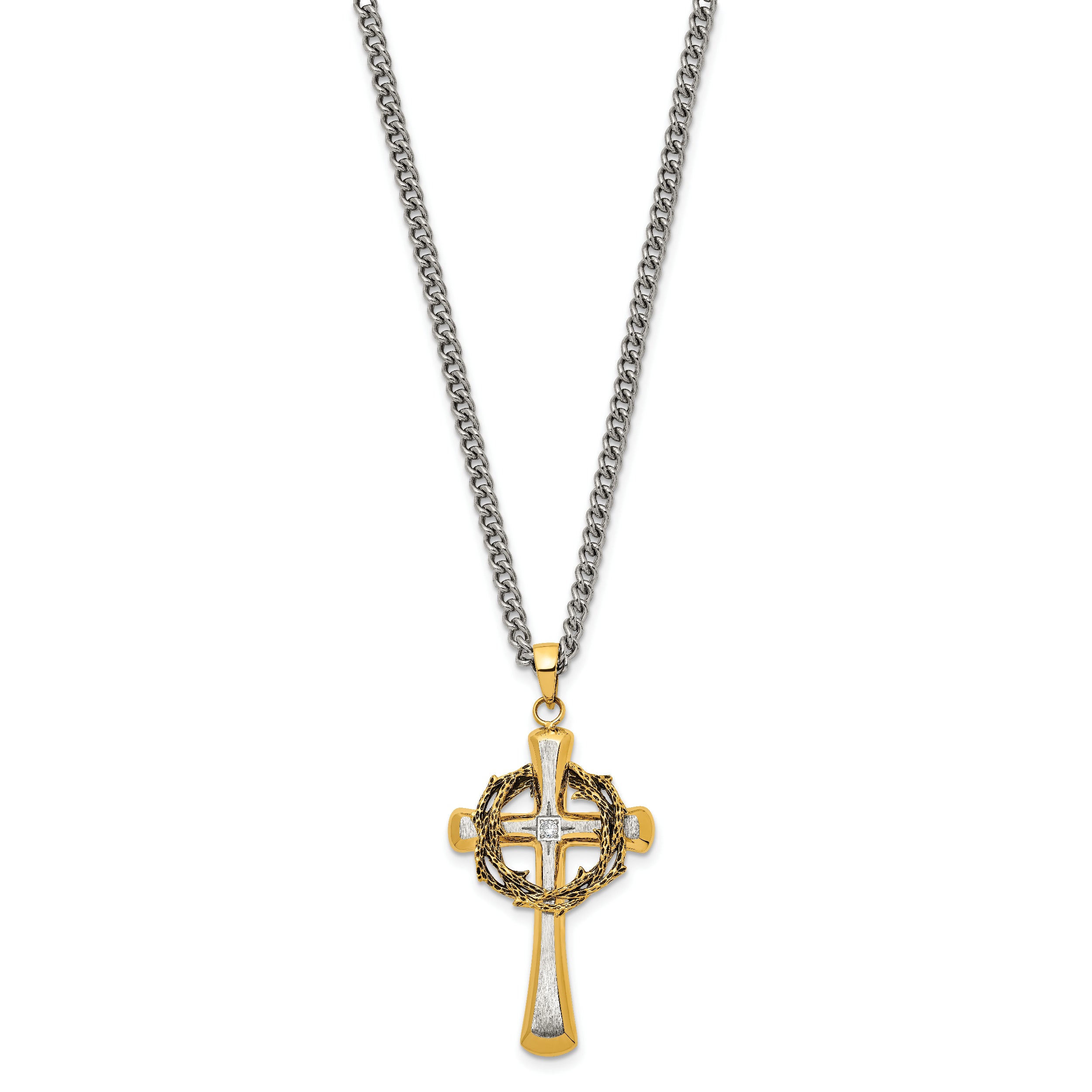 Chisel Stainless Steel Brushed and Polished Yellow IP-plated with CZ Philippians 4:13 Cross on a 24 inch Curb Chain Necklace