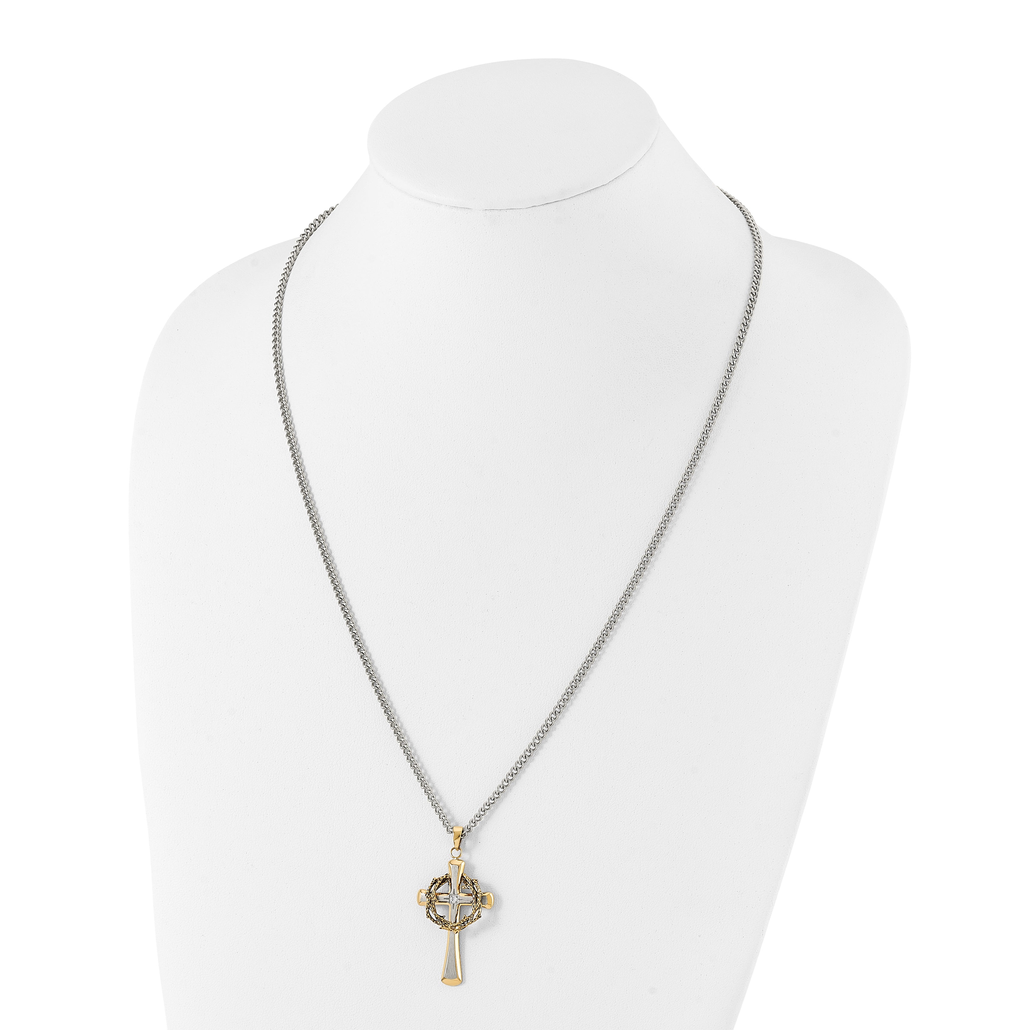 Chisel Stainless Steel Brushed and Polished Yellow IP-plated with CZ Philippians 4:13 Cross on a 24 inch Curb Chain Necklace