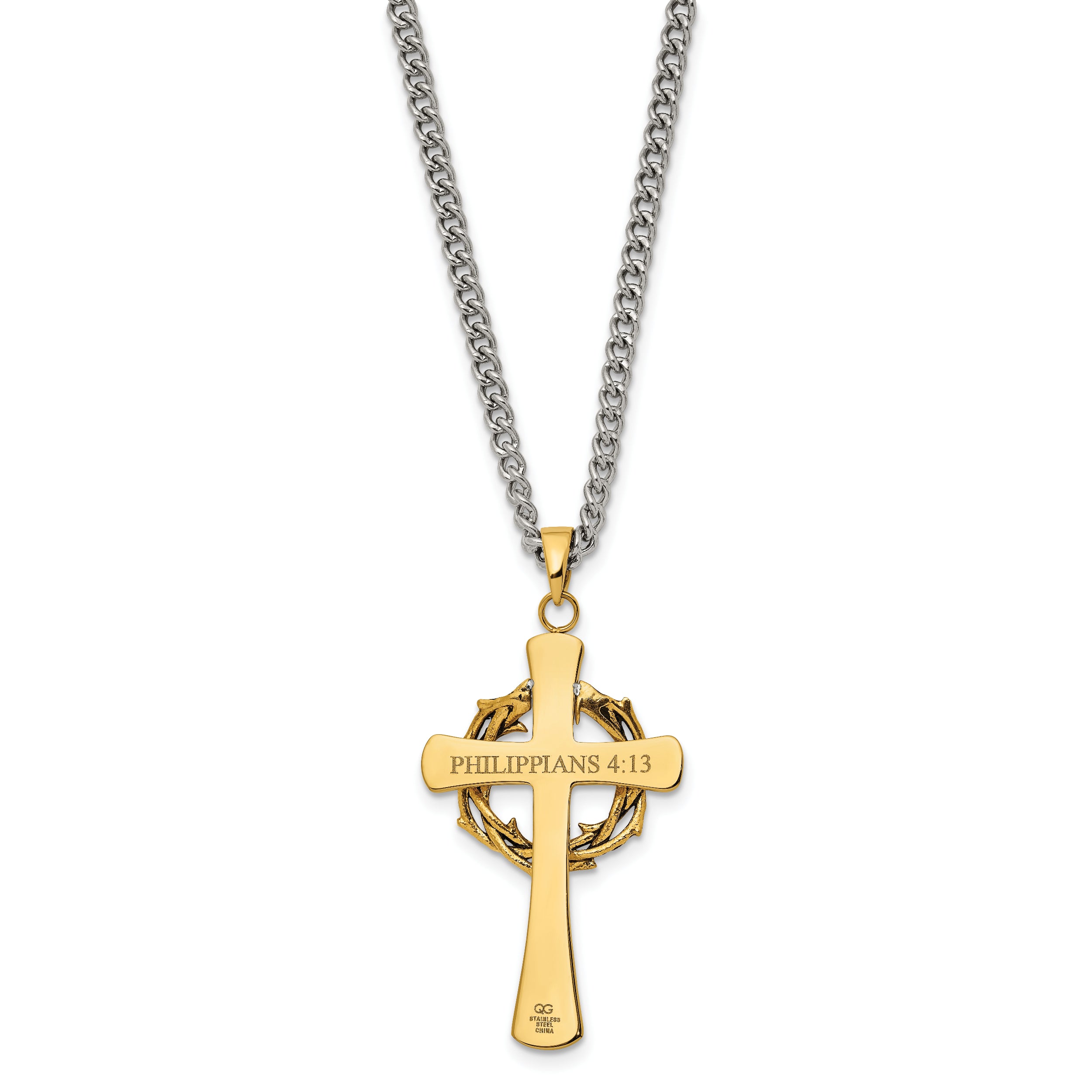 Chisel Stainless Steel Brushed and Polished Yellow IP-plated with CZ Philippians 4:13 Cross on a 24 inch Curb Chain Necklace