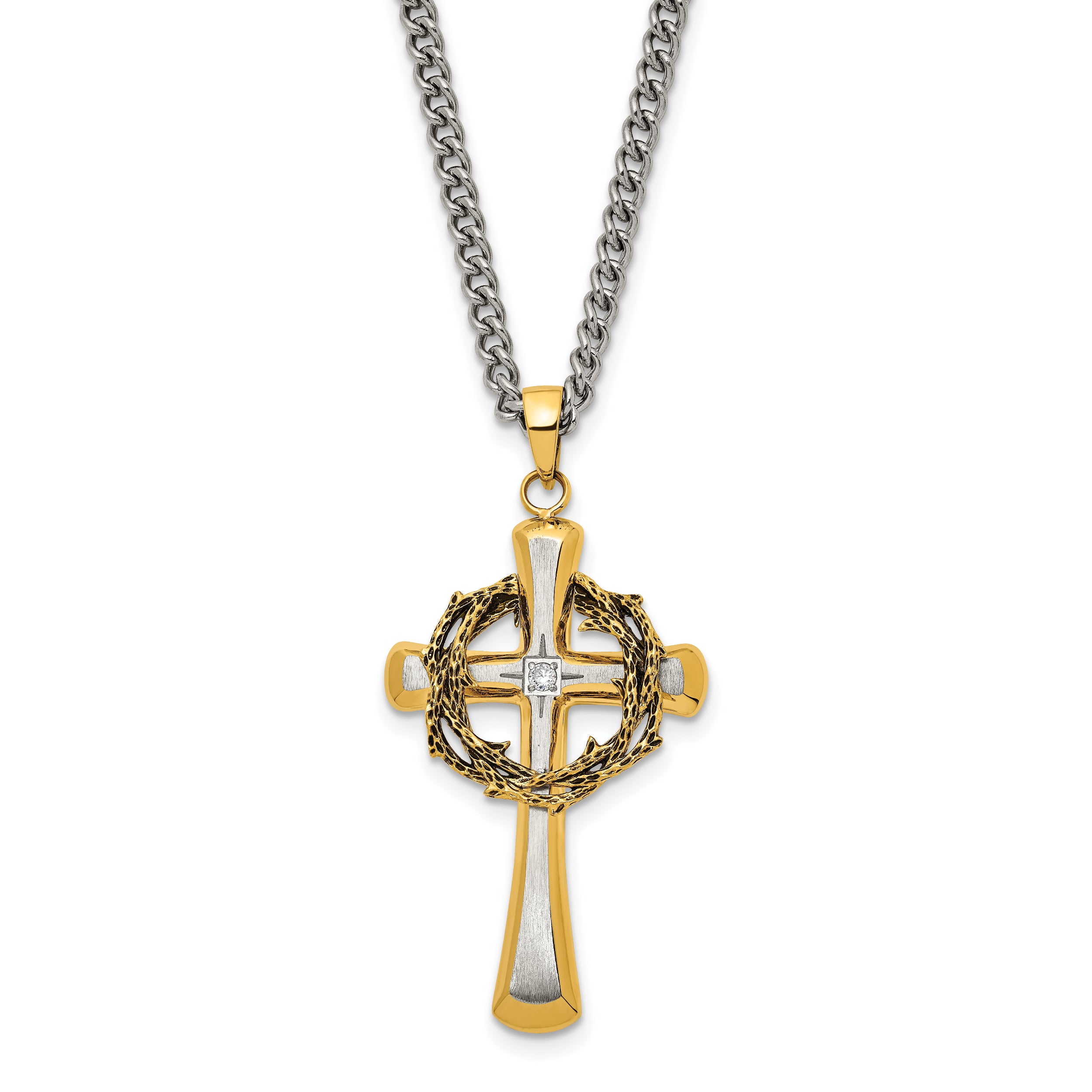 Chisel Stainless Steel Brushed and Polished Yellow IP-plated with CZ Philippians 4:13 Cross on a 24 inch Curb Chain Necklace