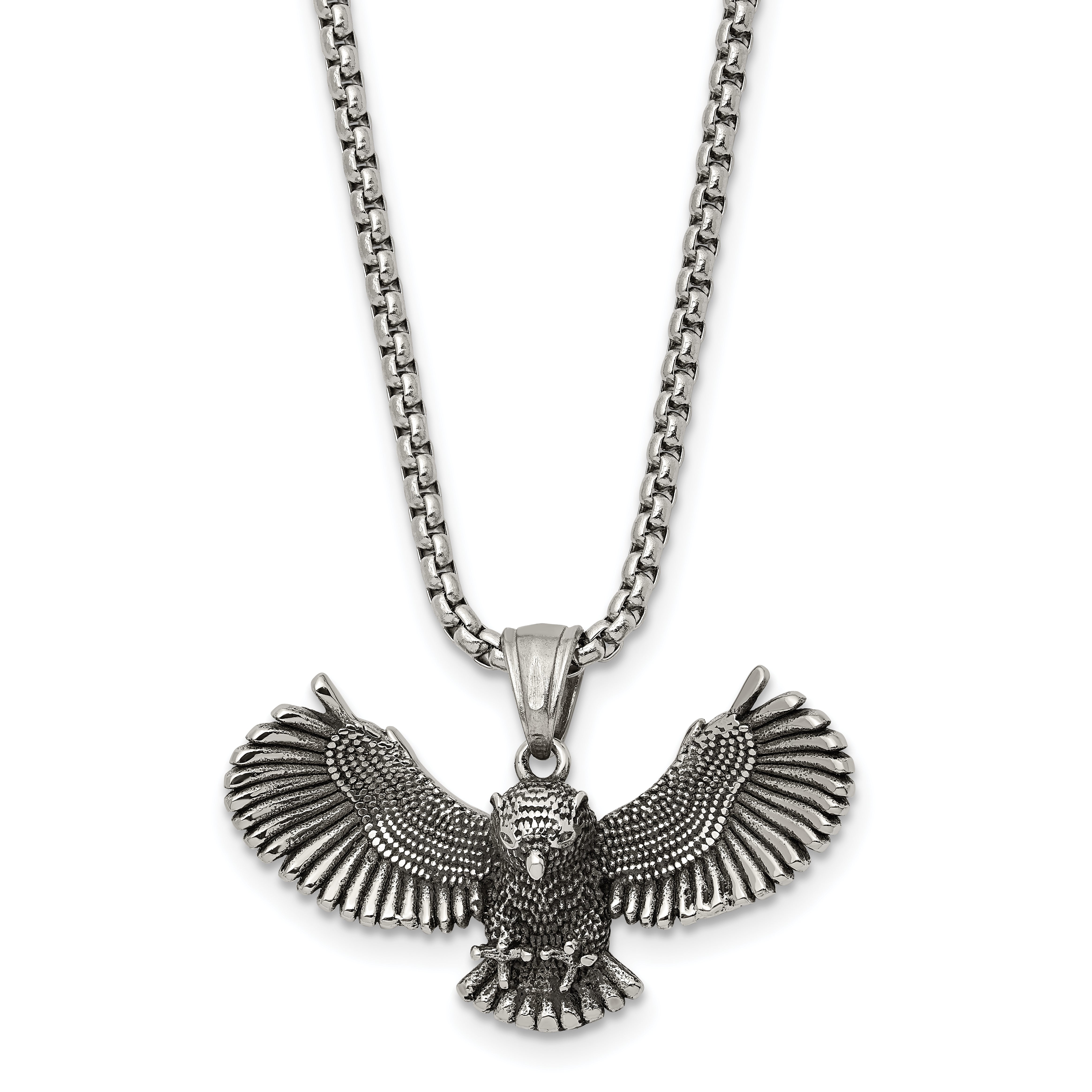 Chisel Stainless Steel Antiqued and Polished Flying Owl Pendant on a 24 inch Box Chain Necklace