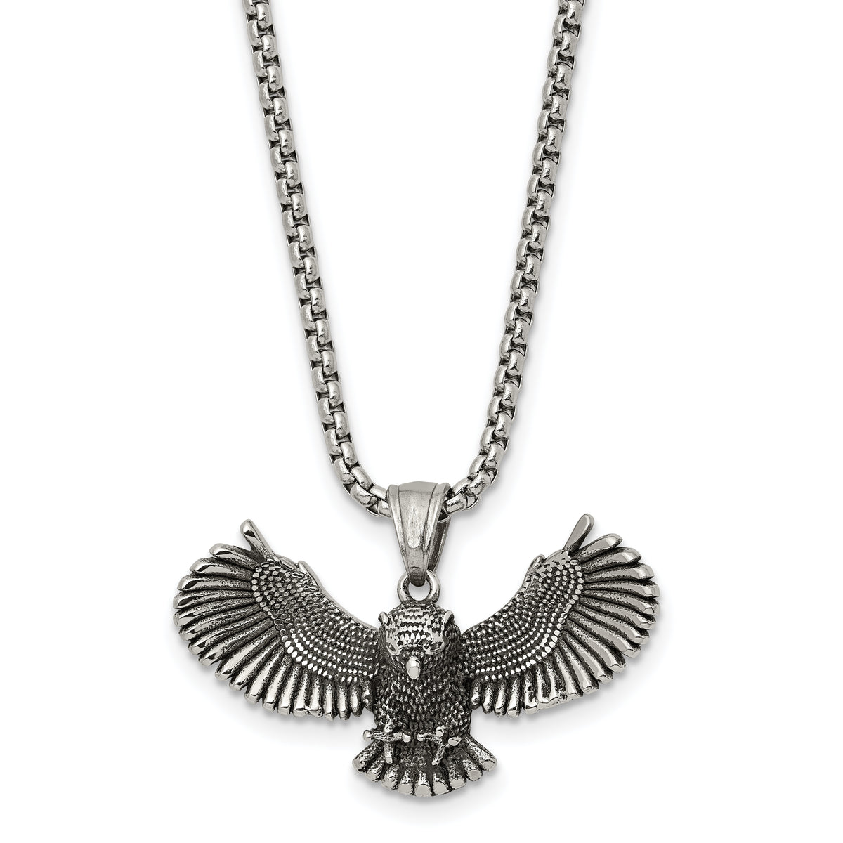 Chisel Stainless Steel Antiqued and Polished Flying Owl Pendant on a 24 inch Box Chain Necklace