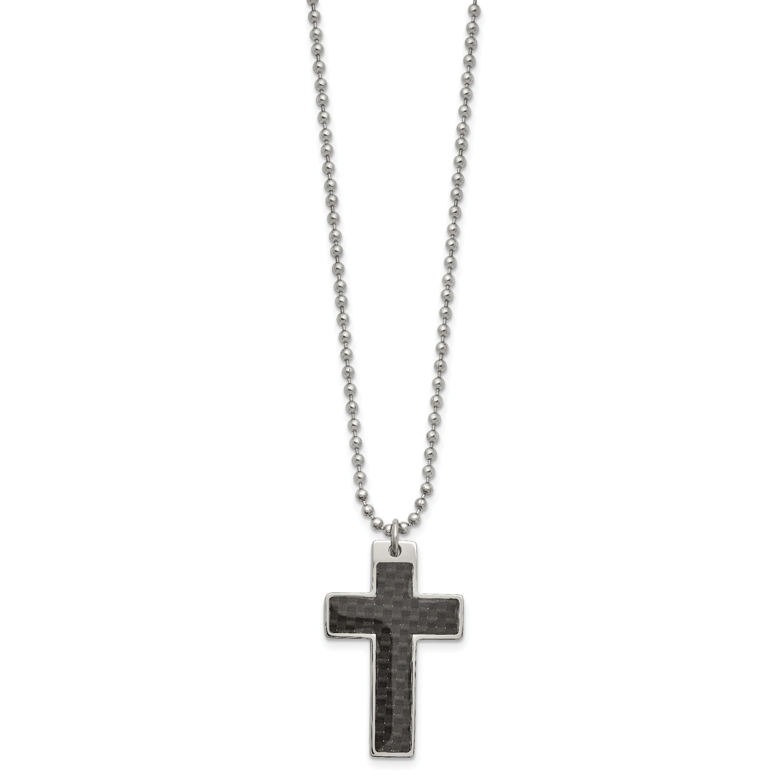 Chisel Stainless Steel Polished with Black Carbon Fiber Inlay Cross Pendant on a 20 inch Ball Chain Necklace