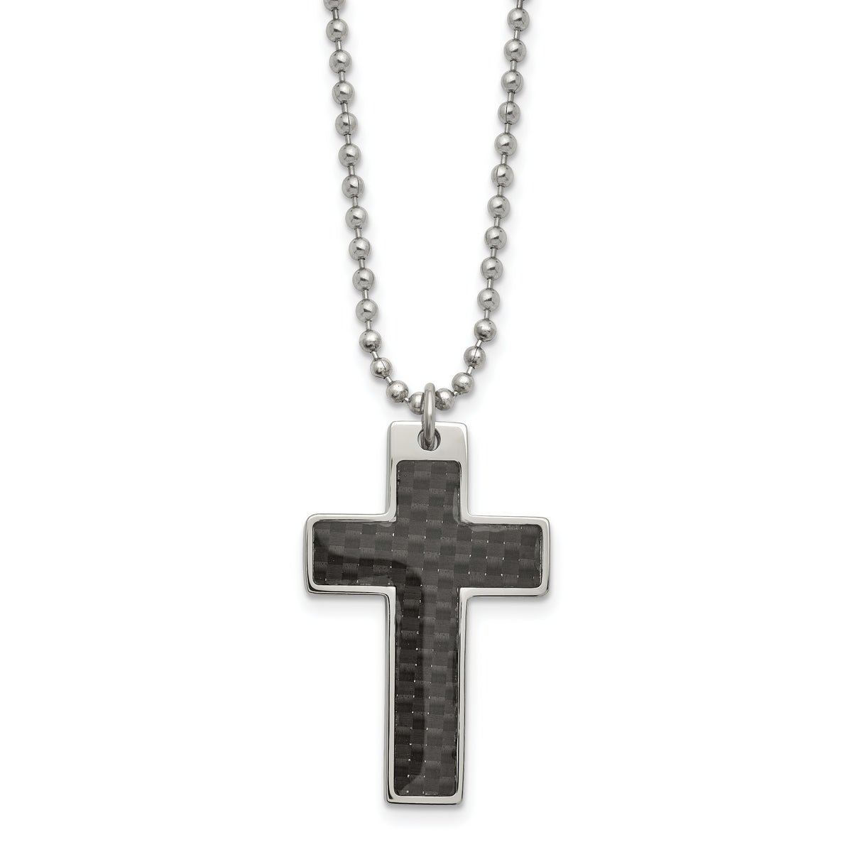 Chisel Stainless Steel Polished with Black Carbon Fiber Inlay Cross Pendant on a 20 inch Ball Chain Necklace