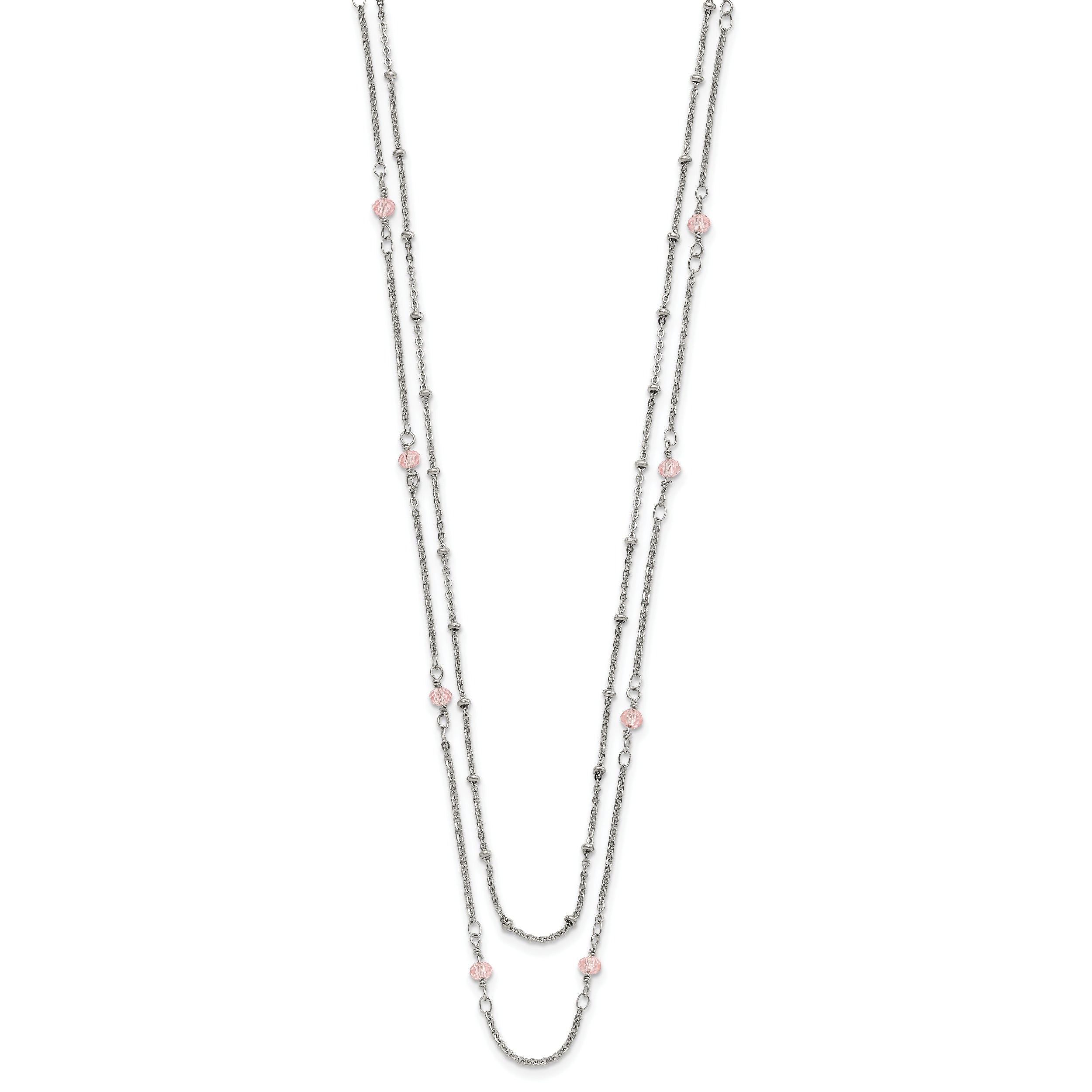 Chisel Stainless Steel Polished 2-Strand Pink Crystal Beaded 16 inch with 1 inch Extension Necklace