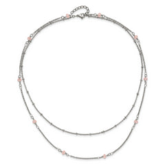 Chisel Stainless Steel Polished 2-Strand Pink Crystal Beaded 16 inch with 1 inch Extension Necklace