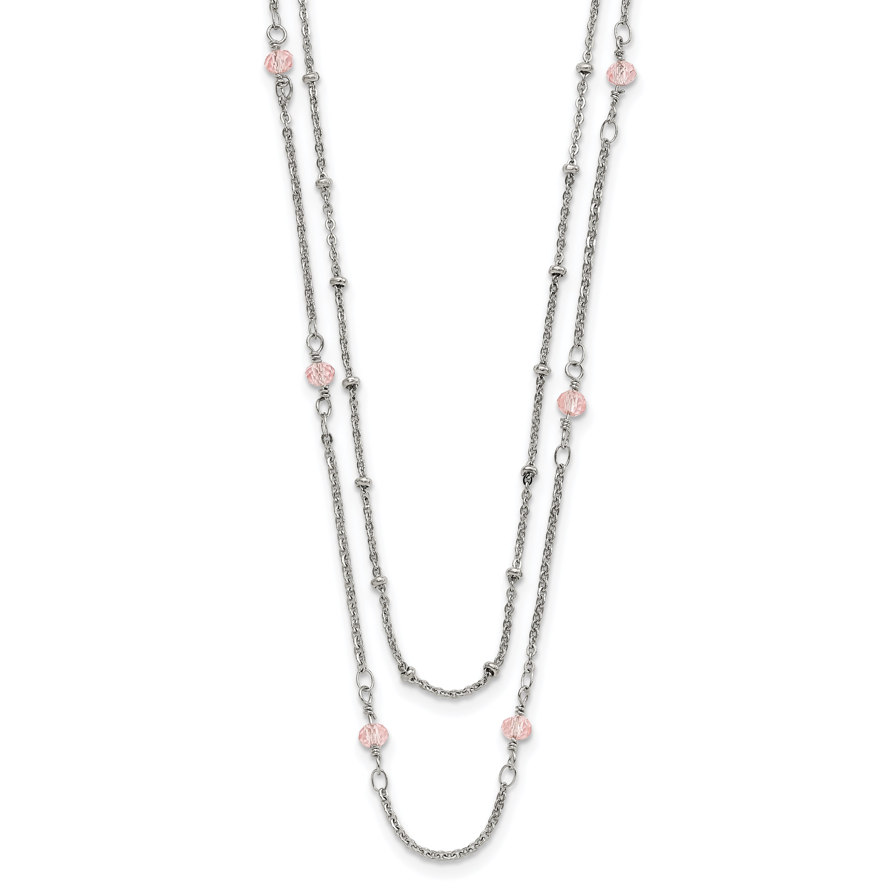 Chisel Stainless Steel Polished 2-Strand Pink Crystal Beaded 16 inch with 1 inch Extension Necklace