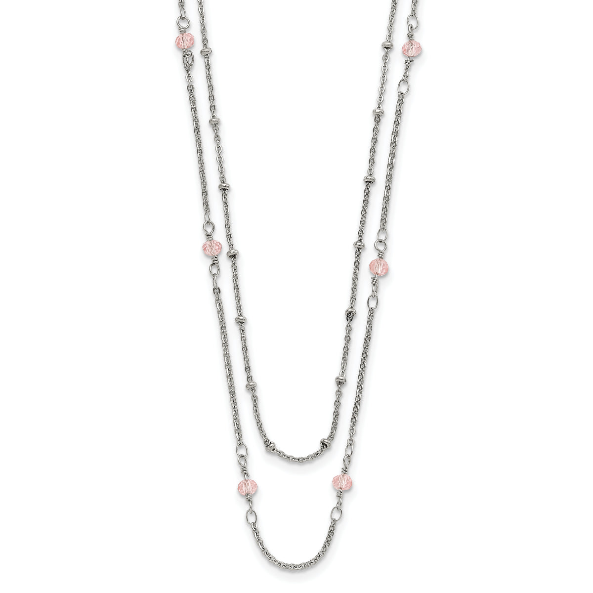 Chisel Stainless Steel Polished 2-Strand Pink Crystal Beaded 16 inch with 1 inch Extension Necklace