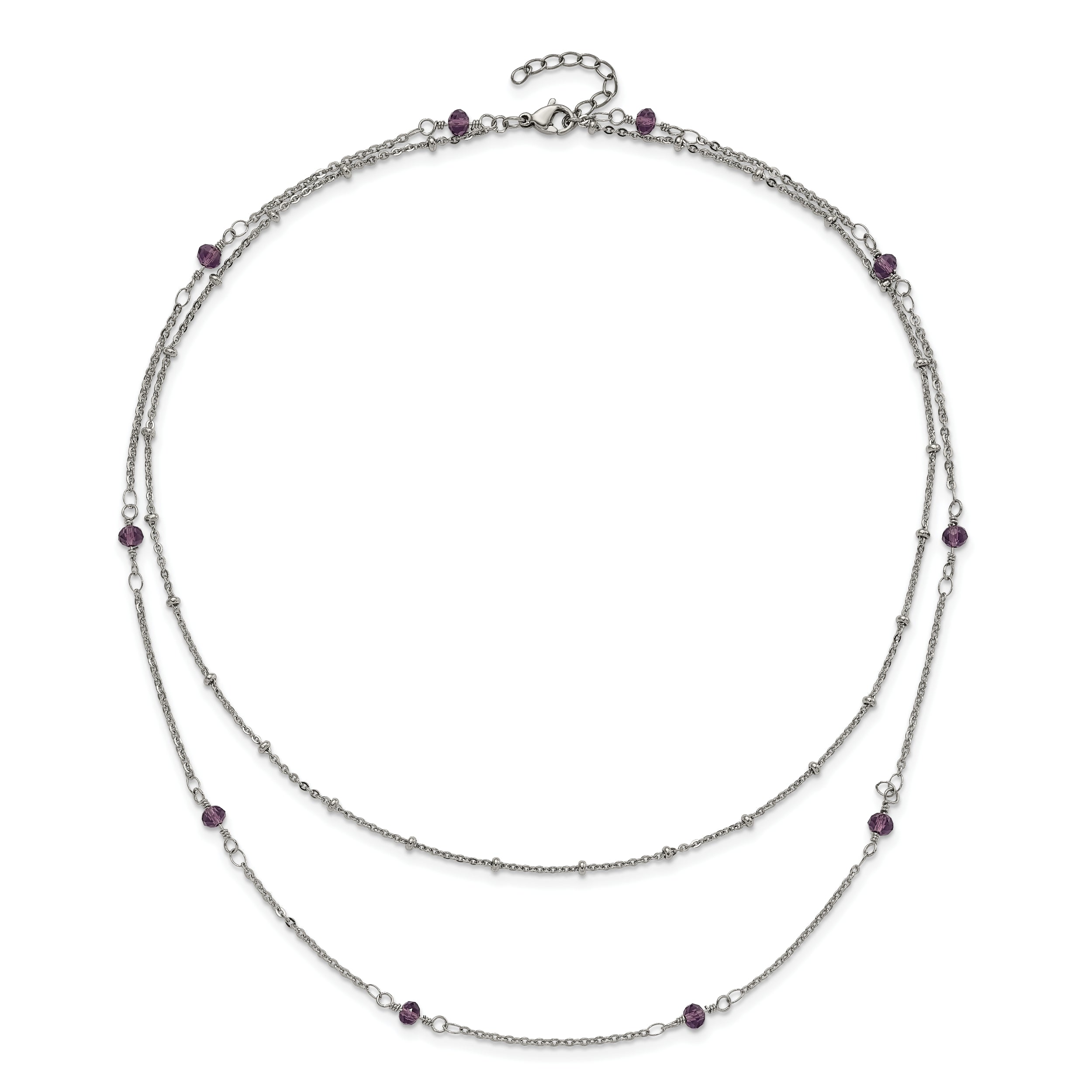 Chisel Stainless Steel Polished 2-Strand Purple Crystal Beaded 16 inch with 1 inch Extension Necklace