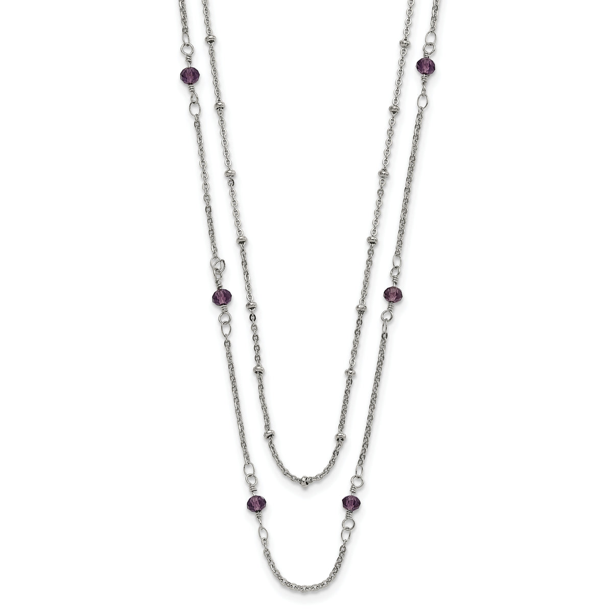 Chisel Stainless Steel Polished 2-Strand Purple Crystal Beaded 16 inch with 1 inch Extension Necklace