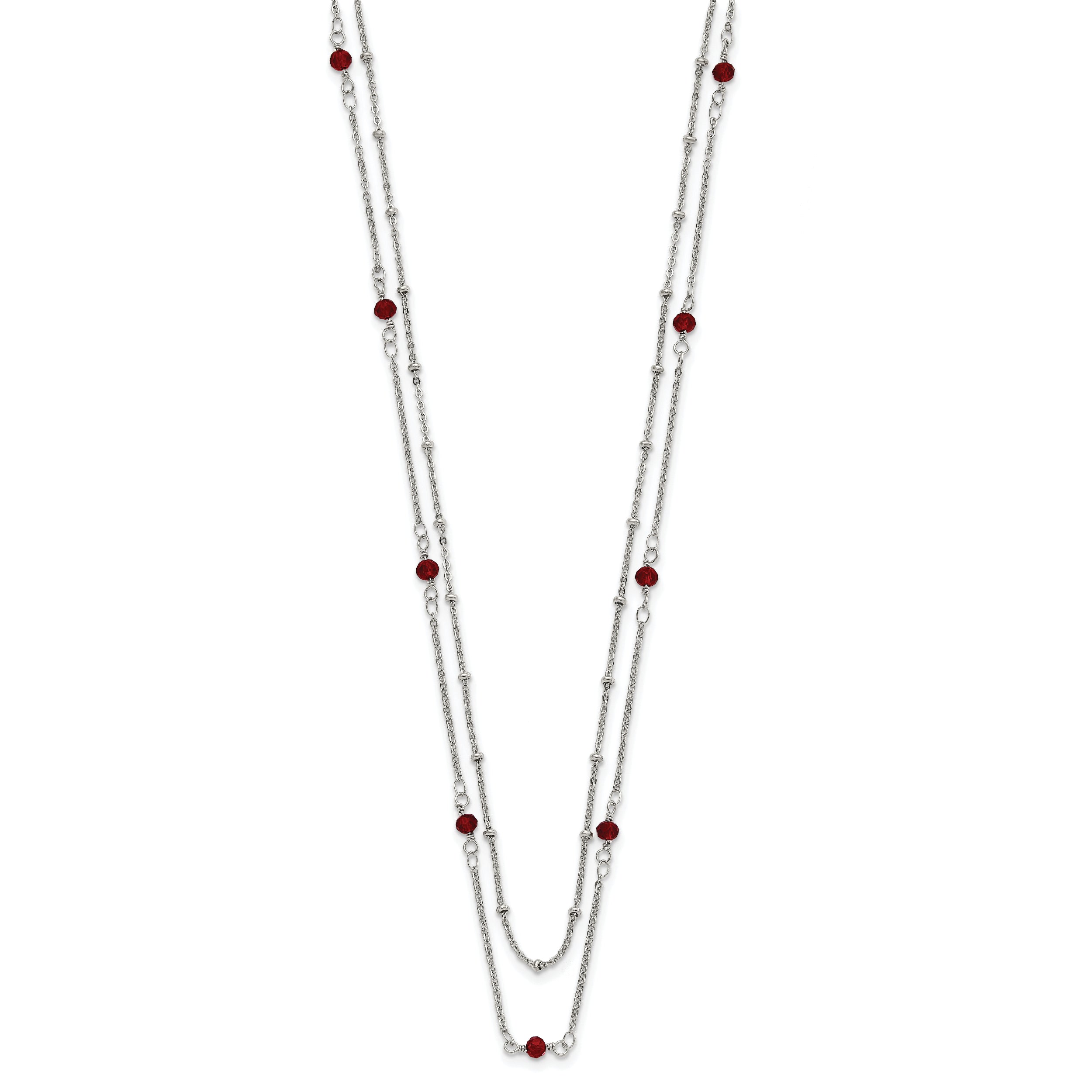 Chisel Stainless Steel Polished 2-Strand Red Crystal Beaded 16 inch with 1 inch Extension Necklace