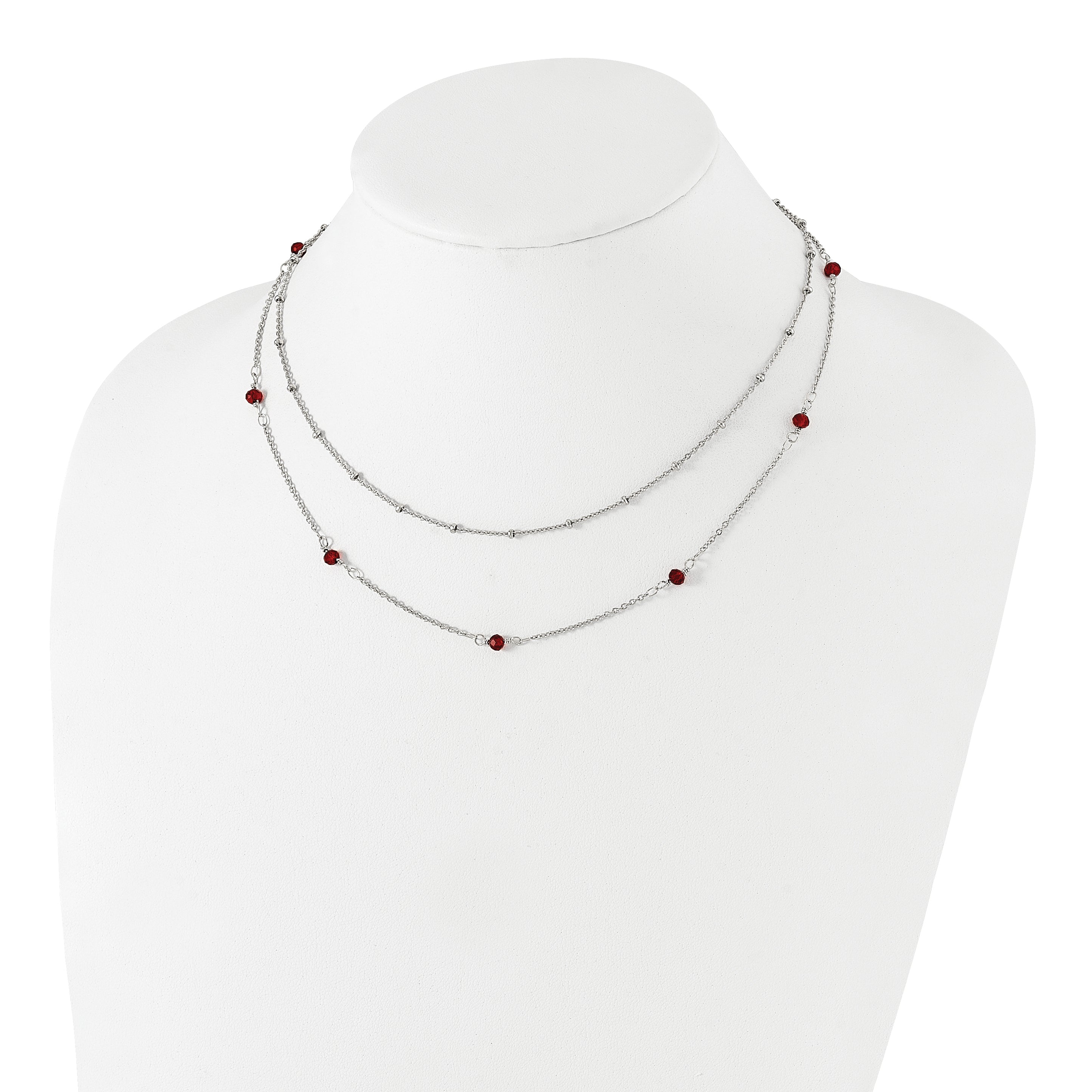 Chisel Stainless Steel Polished 2-Strand Red Crystal Beaded 16 inch with 1 inch Extension Necklace