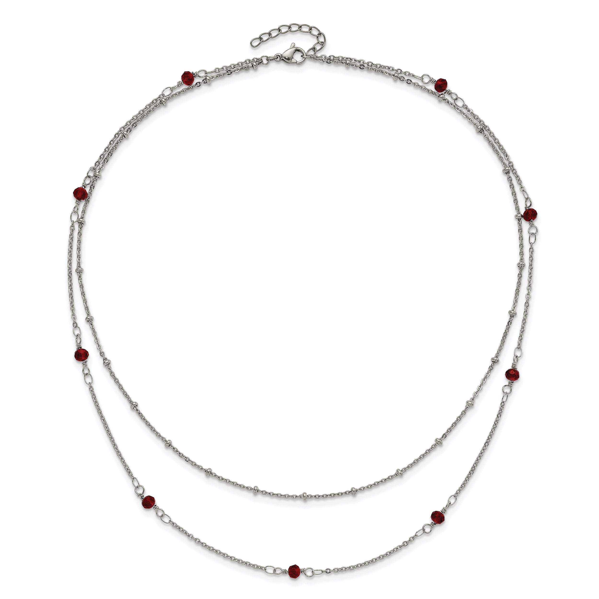 Chisel Stainless Steel Polished 2-Strand Red Crystal Beaded 16 inch with 1 inch Extension Necklace