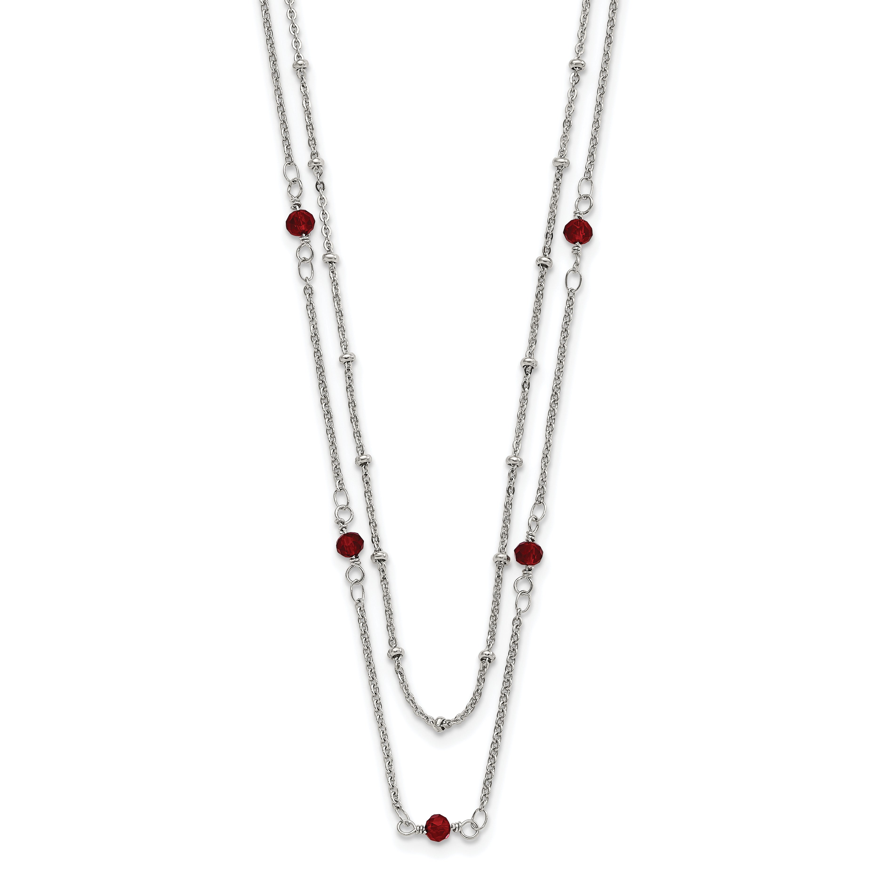 Chisel Stainless Steel Polished 2-Strand Red Crystal Beaded 16 inch with 1 inch Extension Necklace