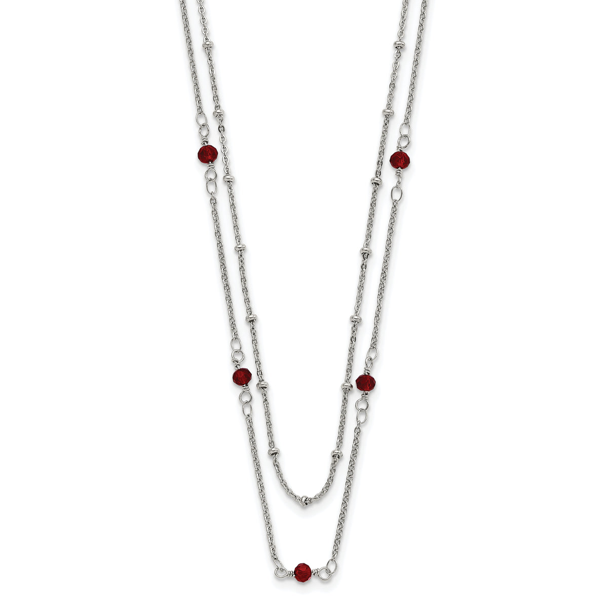 Chisel Stainless Steel Polished 2-Strand Red Crystal Beaded 16 inch with 1 inch Extension Necklace