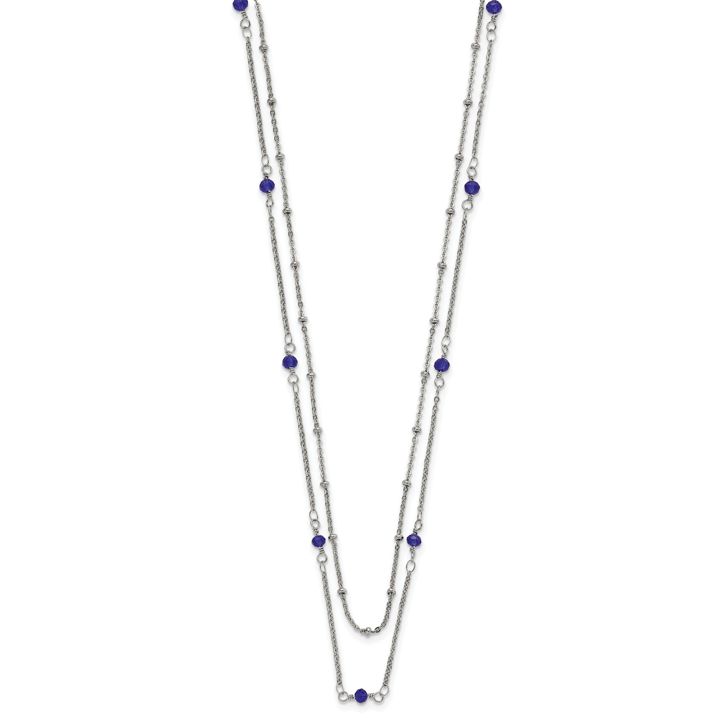 Chisel Stainless Steel Polished 2-Strand Blue Crystal Beaded 16 inch with 1 inch Extension Necklace