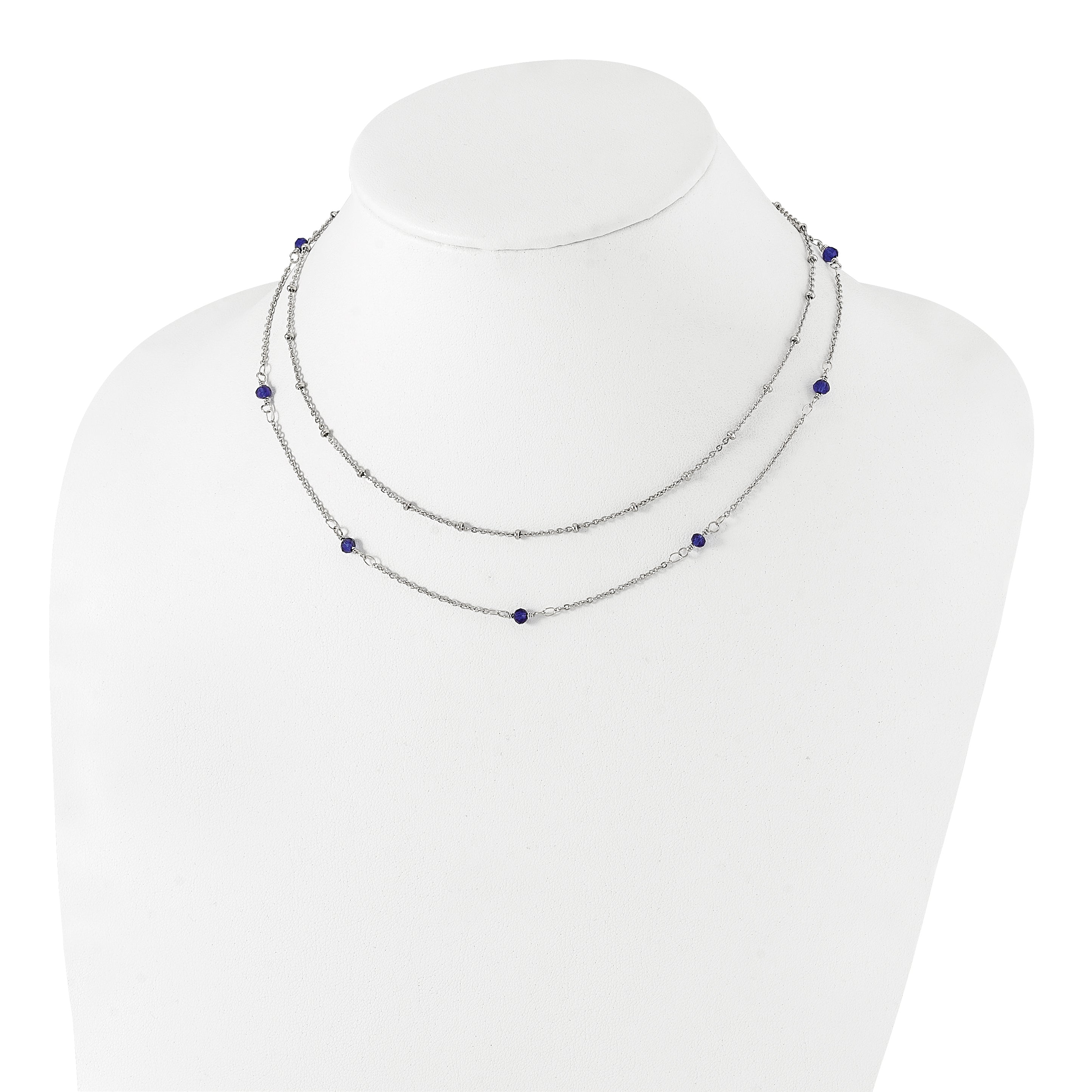 Chisel Stainless Steel Polished 2-Strand Blue Crystal Beaded 16 inch with 1 inch Extension Necklace