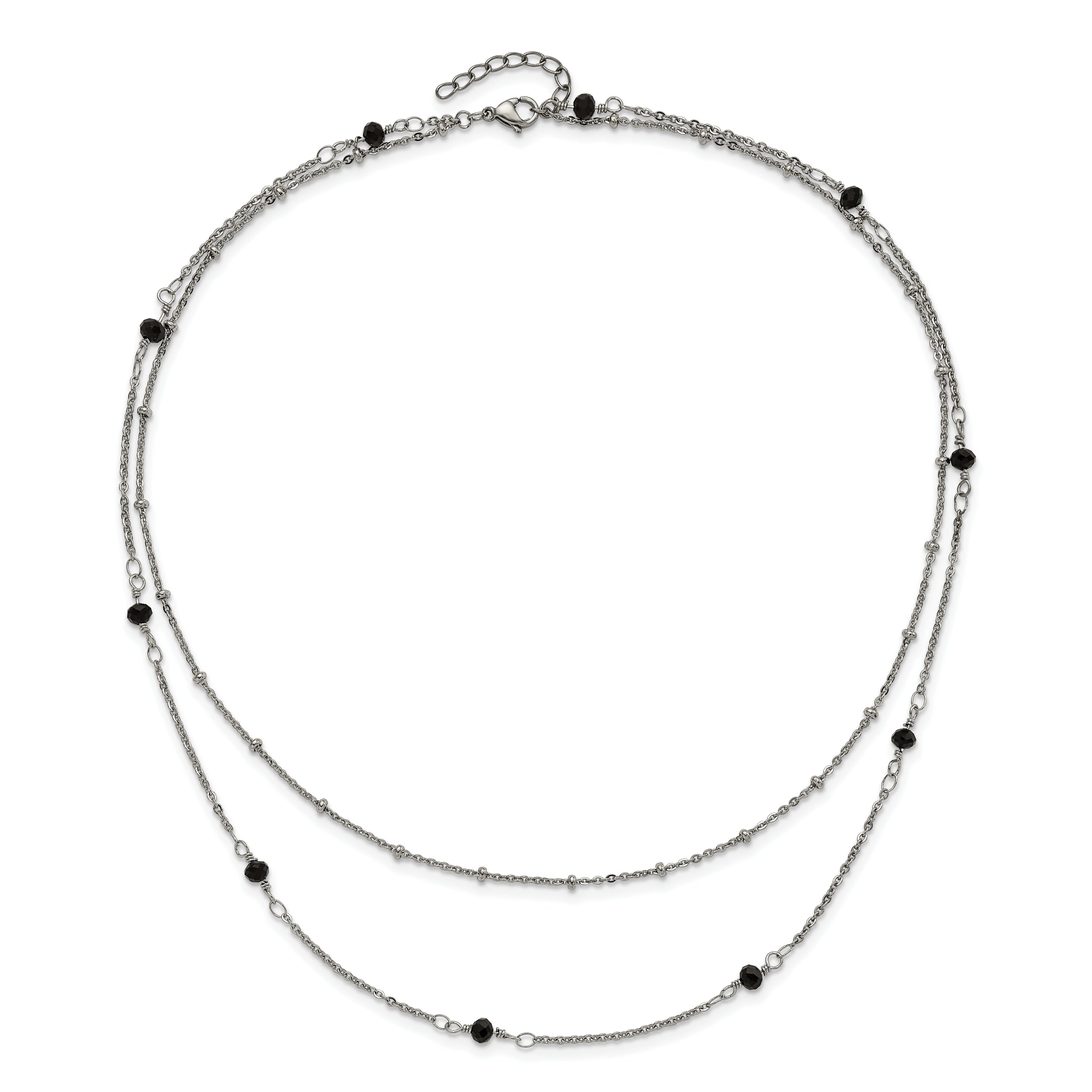 Chisel Stainless Steel Polished 2-Strand Black Crystal Beaded 16 inch with 1 inch Extension Necklace