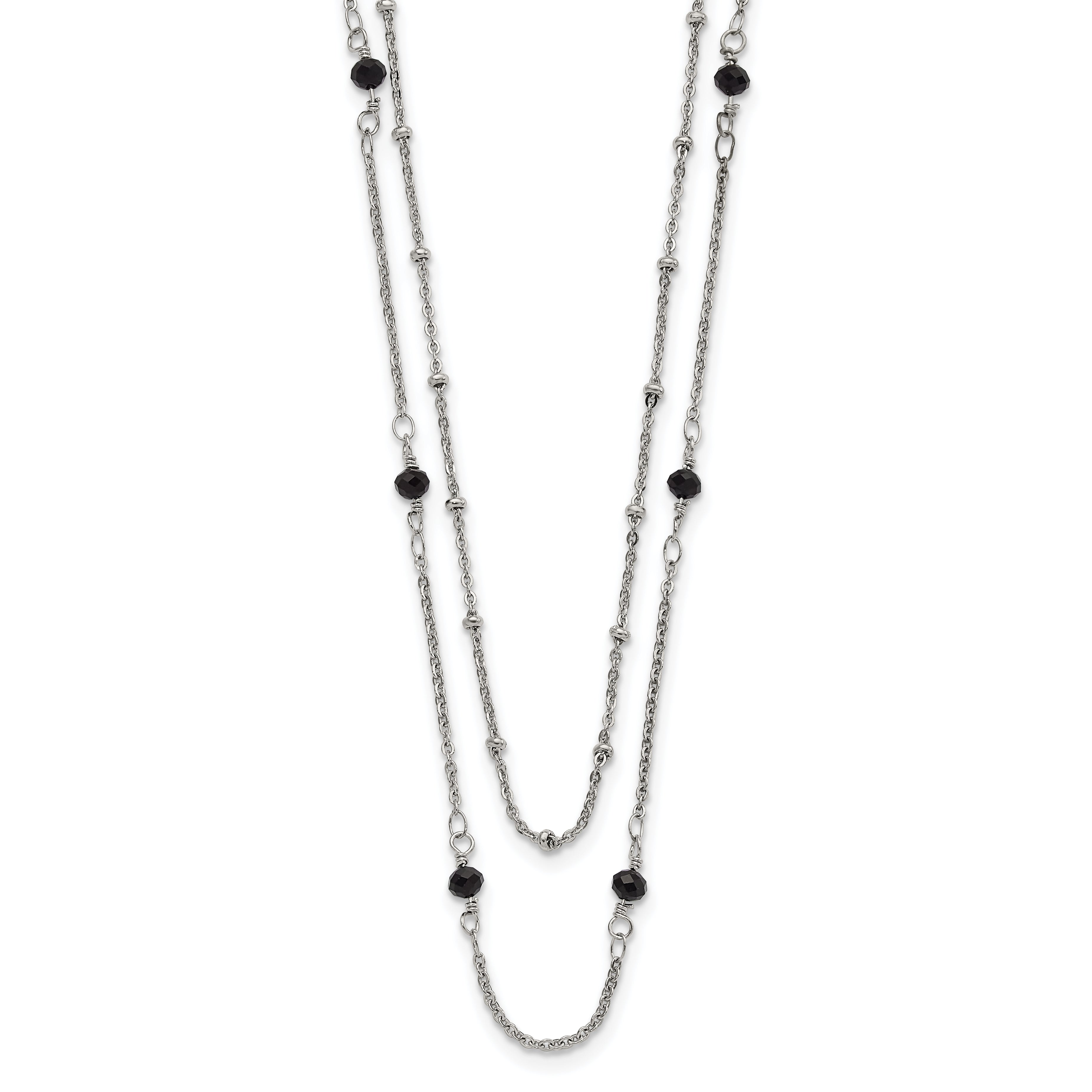 Chisel Stainless Steel Polished 2-Strand Black Crystal Beaded 16 inch with 1 inch Extension Necklace