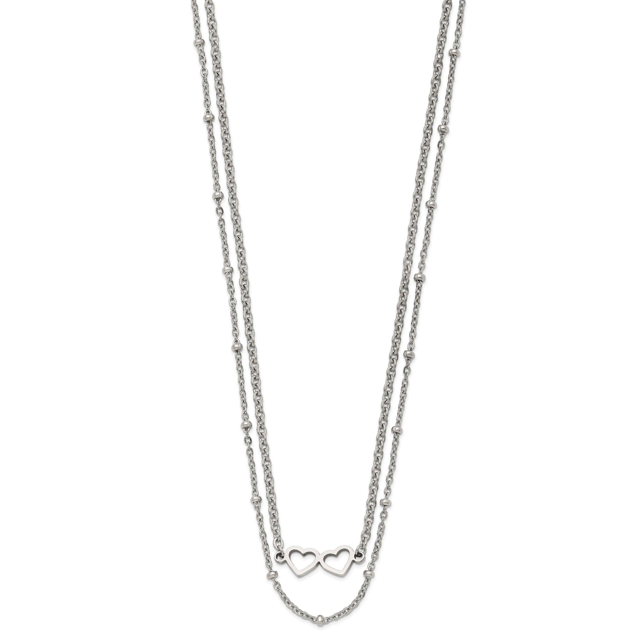 Chisel Stainless Steel Polished Double Hearts on an 18 inch 2-Strand Cable Chain Necklace