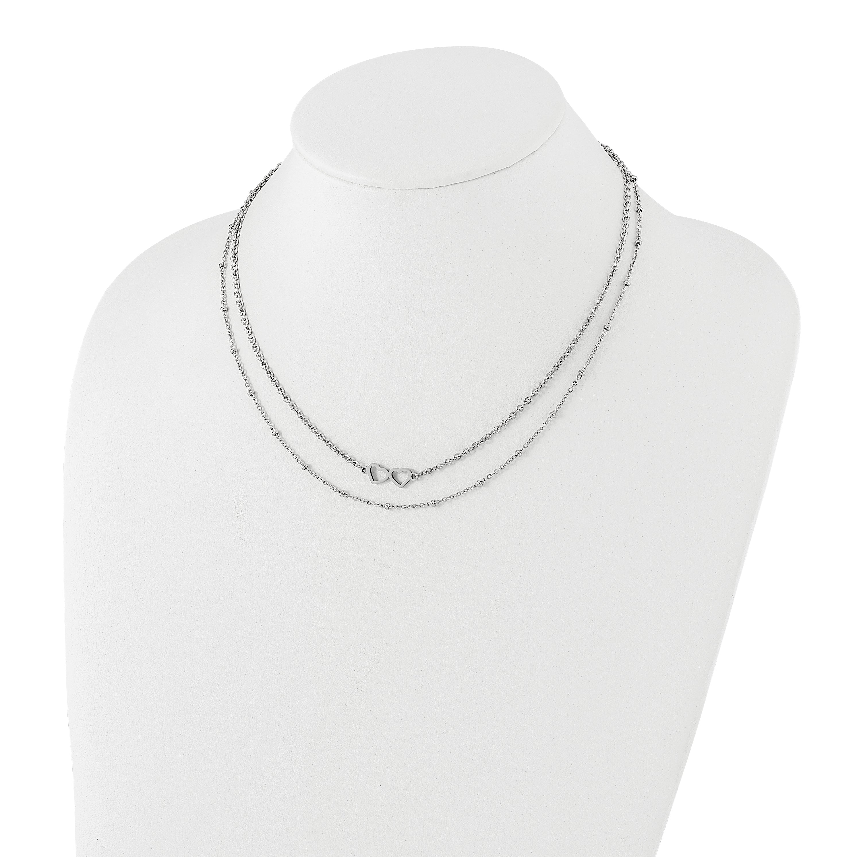 Chisel Stainless Steel Polished Double Hearts on an 18 inch 2-Strand Cable Chain Necklace