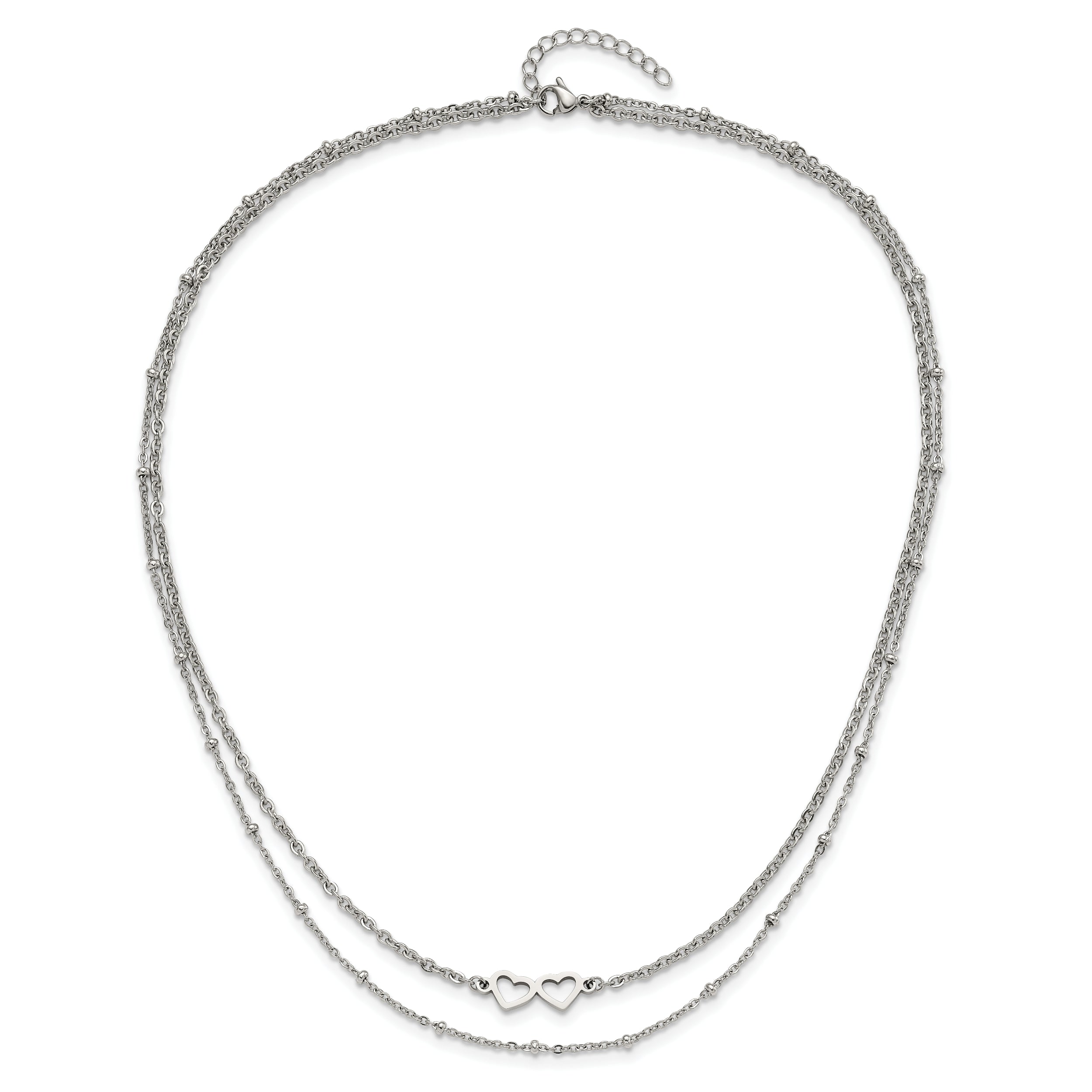 Chisel Stainless Steel Polished Double Hearts on an 18 inch 2-Strand Cable Chain Necklace