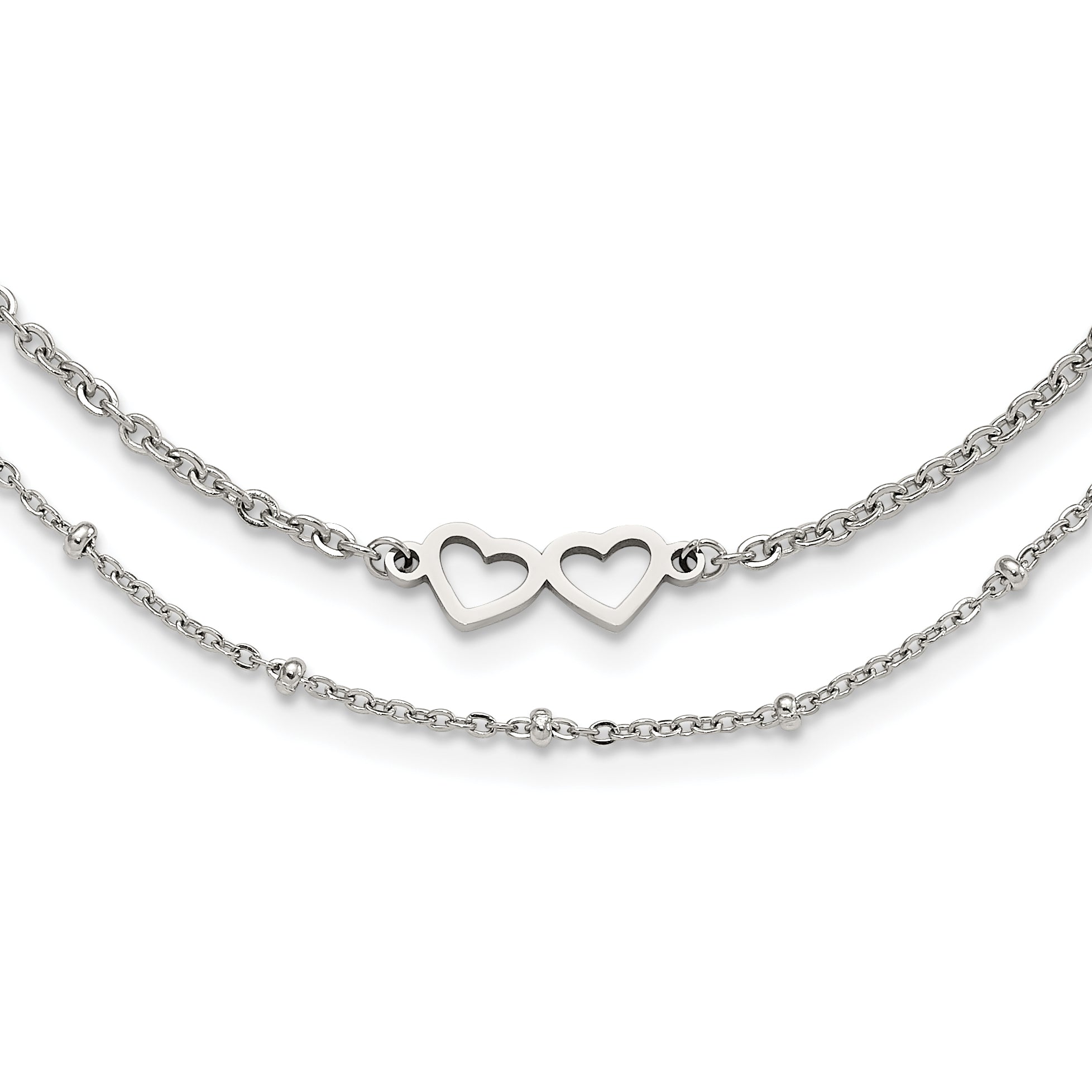 Chisel Stainless Steel Polished Double Hearts on an 18 inch 2-Strand Cable Chain Necklace