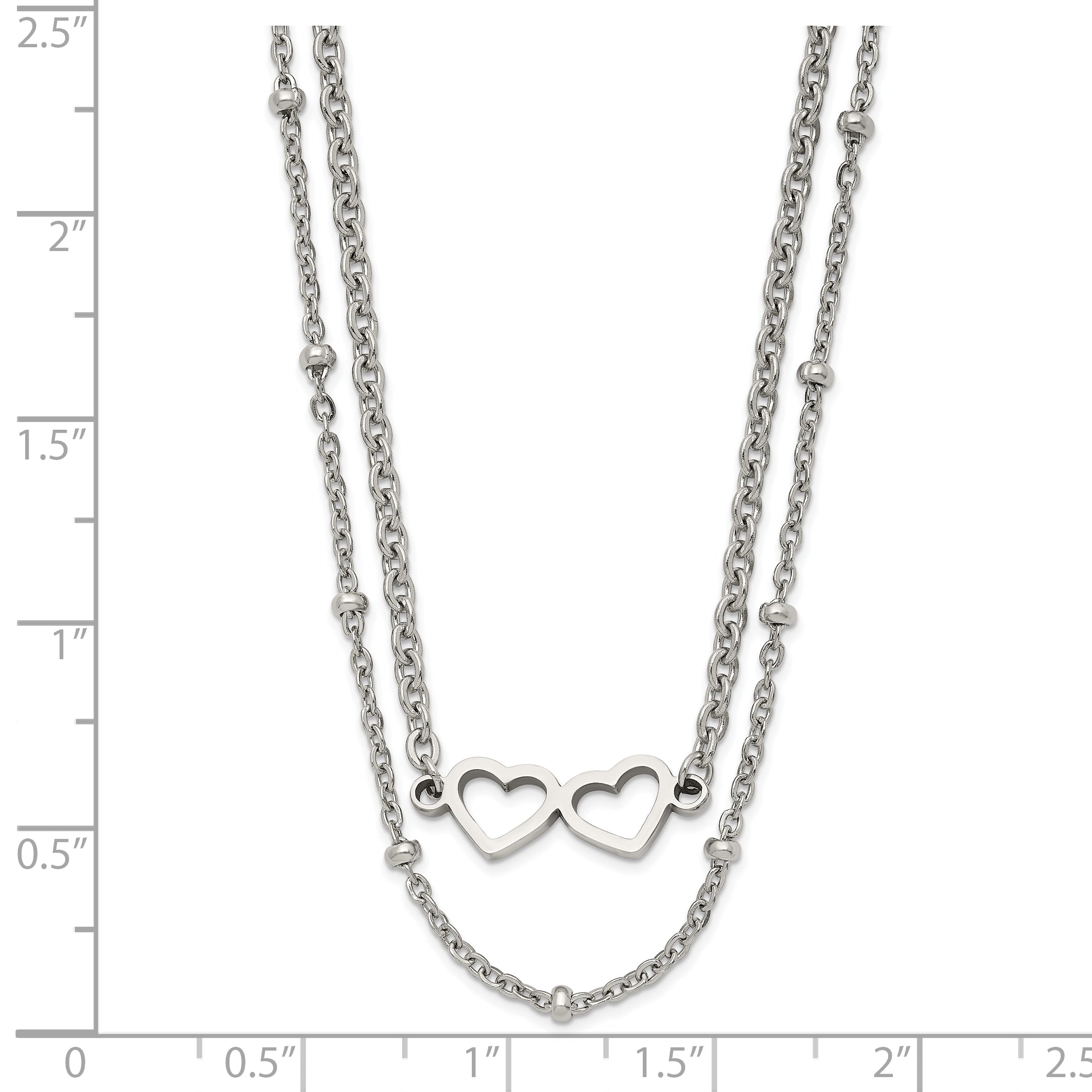 Chisel Stainless Steel Polished Double Hearts on an 18 inch 2-Strand Cable Chain Necklace