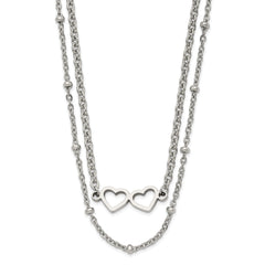 Chisel Stainless Steel Polished Double Hearts on an 18 inch 2-Strand Cable Chain Necklace