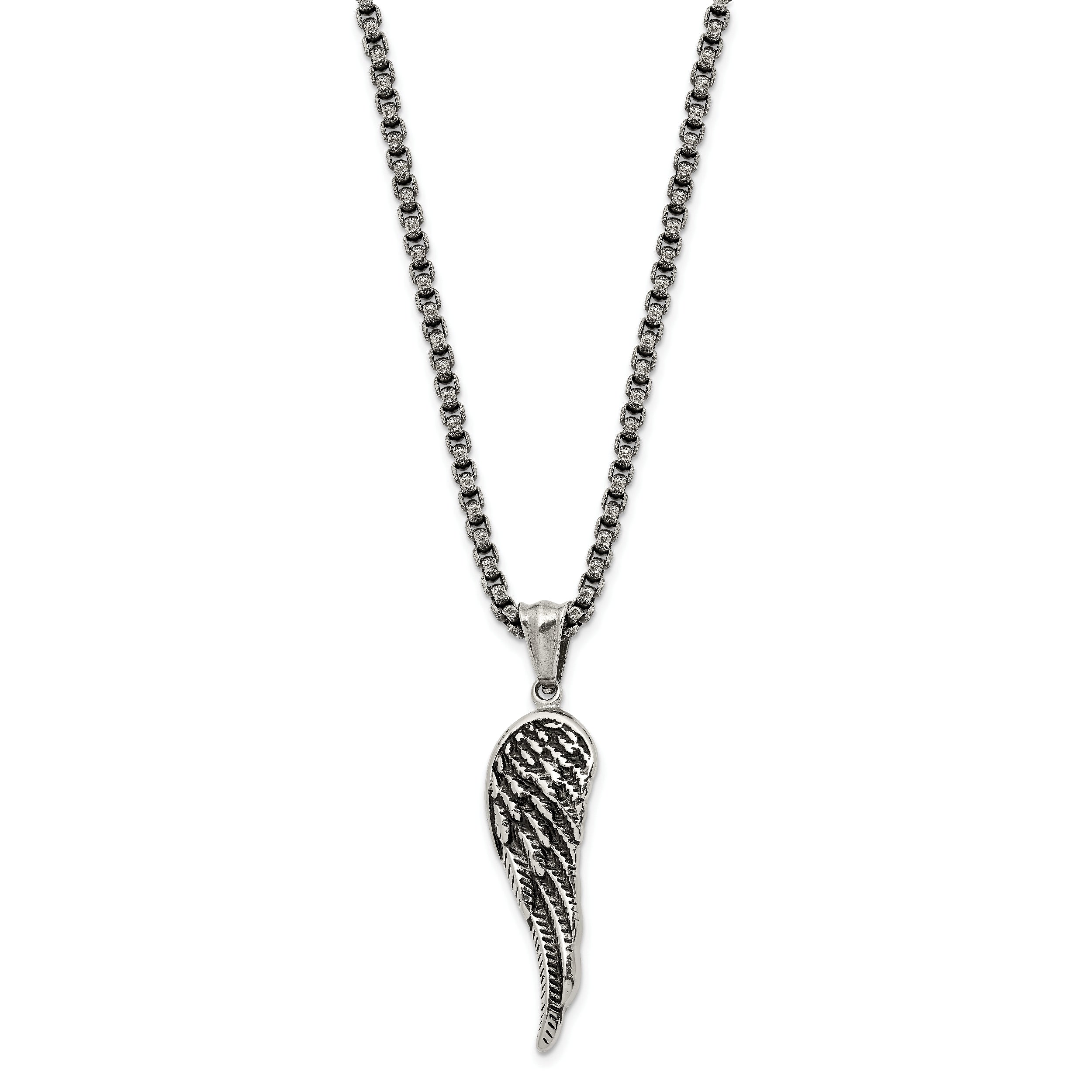 Chisel Stainless Steel Antiqued and Polished Angel Wing Pendant on a 23.5 inch Box Chain Necklace