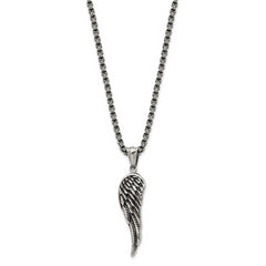 Chisel Stainless Steel Antiqued and Polished Angel Wing Pendant on a 23.5 inch Box Chain Necklace