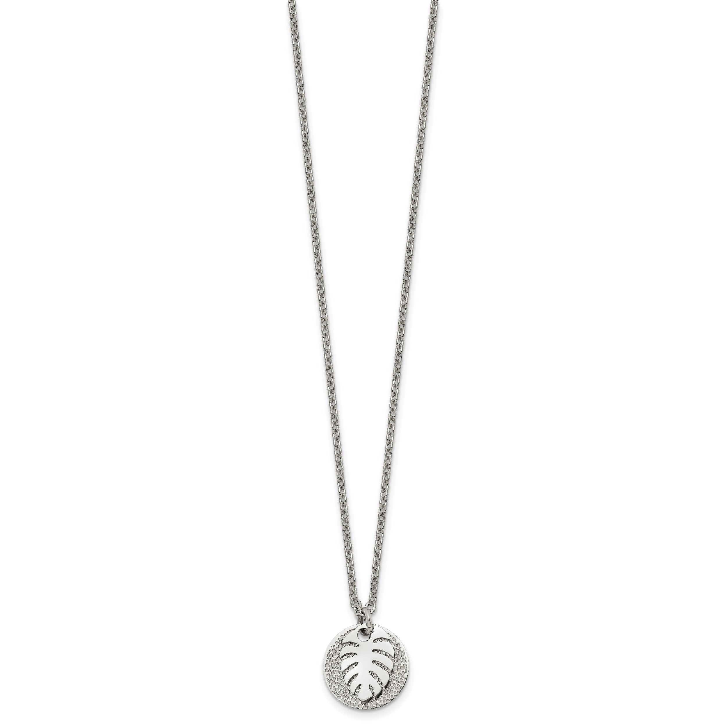 Chisel Stainless Steel Polished and Textured Circle with Leaf Pendant on a 27.5 inch Cable Chain Necklace