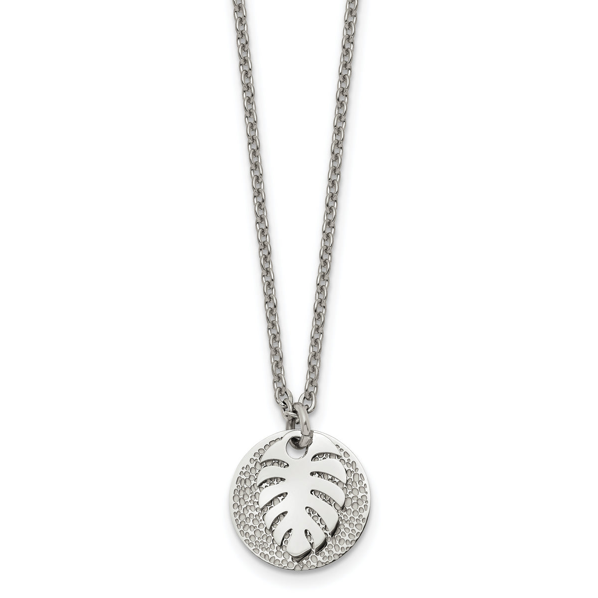 Chisel Stainless Steel Polished and Textured Circle with Leaf Pendant on a 27.5 inch Cable Chain Necklace