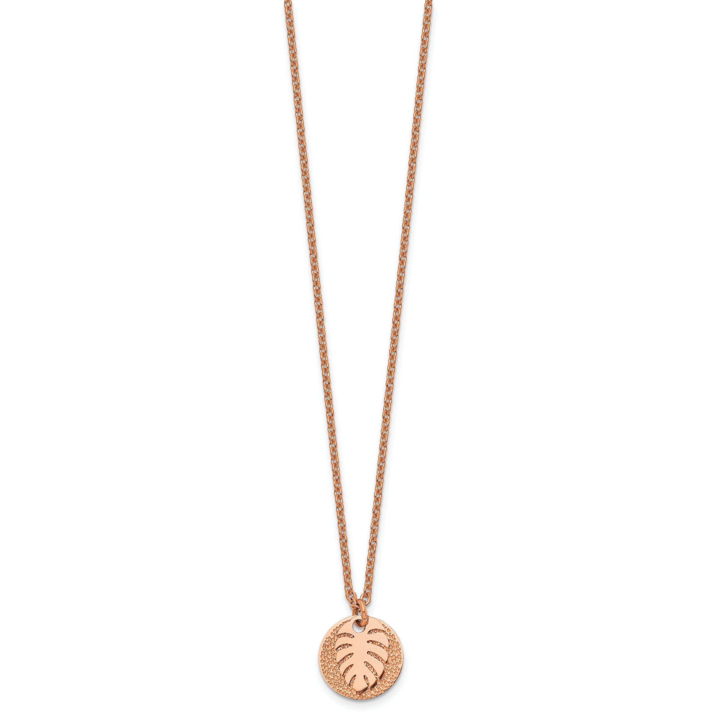 Chisel Stainless Steel Polished and Textured Rose IP-plated Circle with Leaf Pendant on a 27.5 inch Cable Chain Necklace