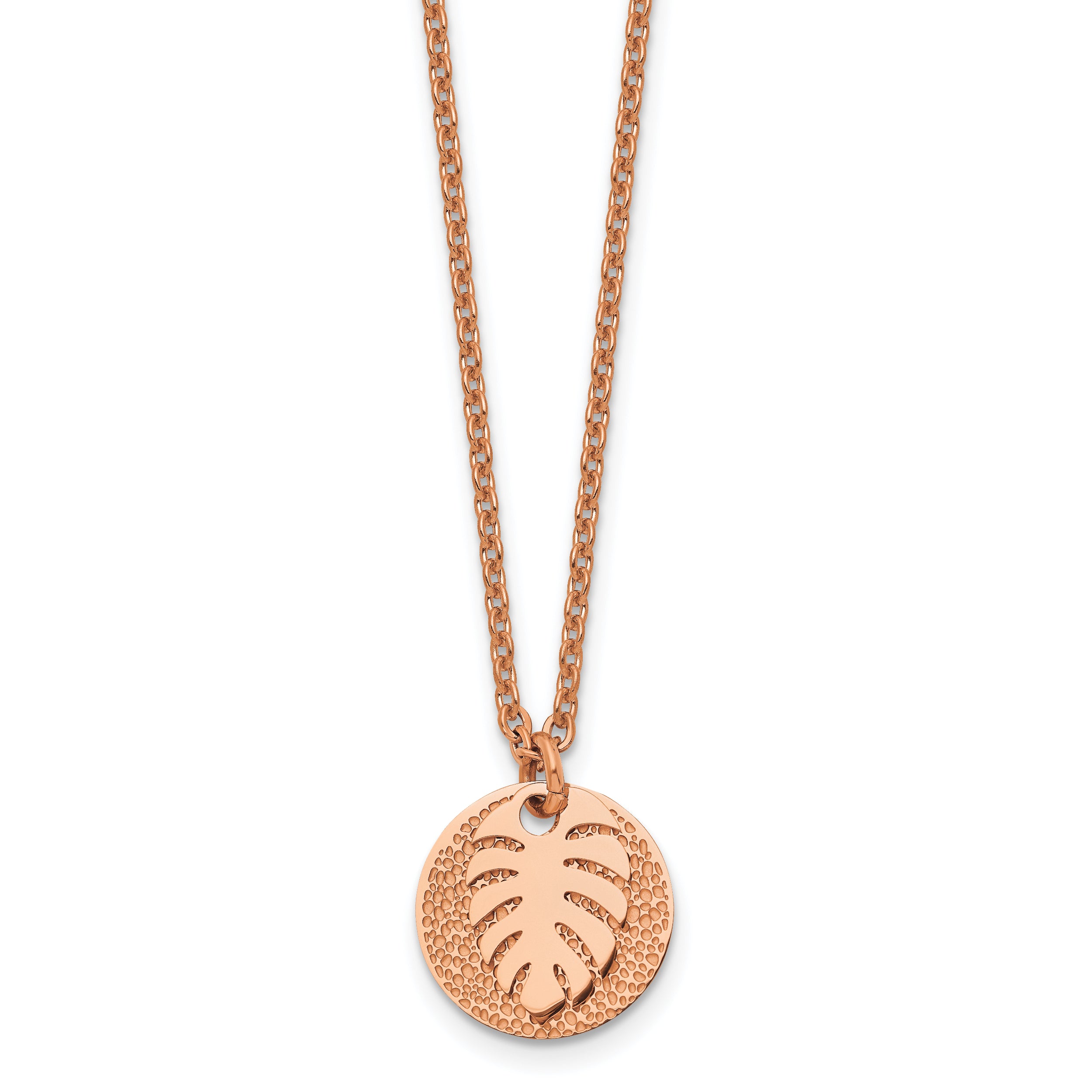 Chisel Stainless Steel Polished and Textured Rose IP-plated Circle with Leaf Pendant on a 27.5 inch Cable Chain Necklace