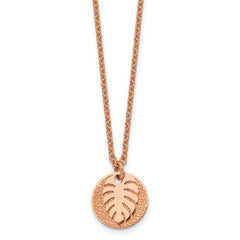 Chisel Stainless Steel Polished and Textured Rose IP-plated Circle with Leaf Pendant on a 27.5 inch Cable Chain Necklace