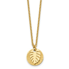 Chisel Stainless Steel Polished and Textured Yellow IP-plated Circle with Leaf Pendant on a 27.5 inch Cable Chain Necklace