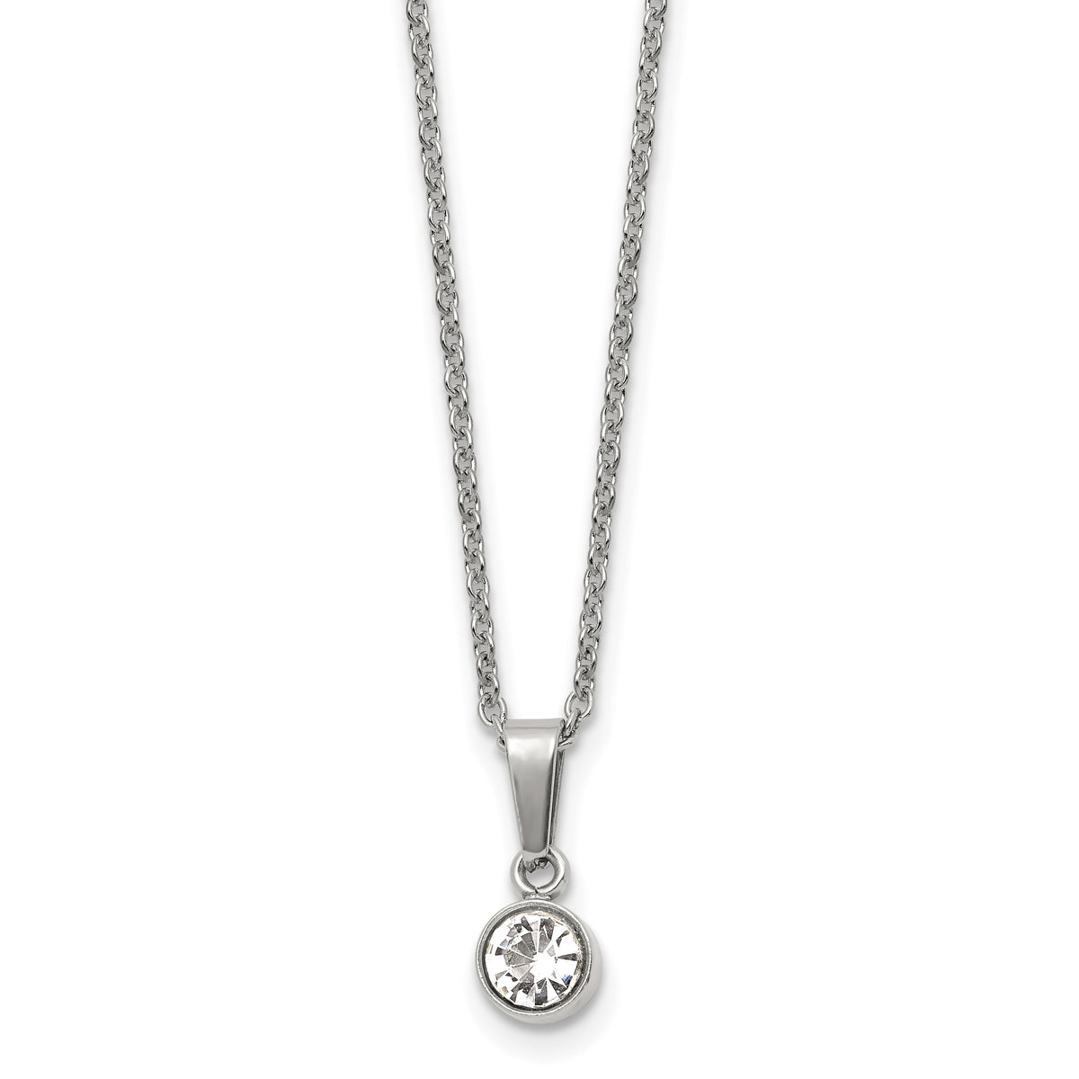 Chisel Stainless Steel Polished Crystal Pendant on a 16 inch Cable Chain with a 2 inch Extension Necklace