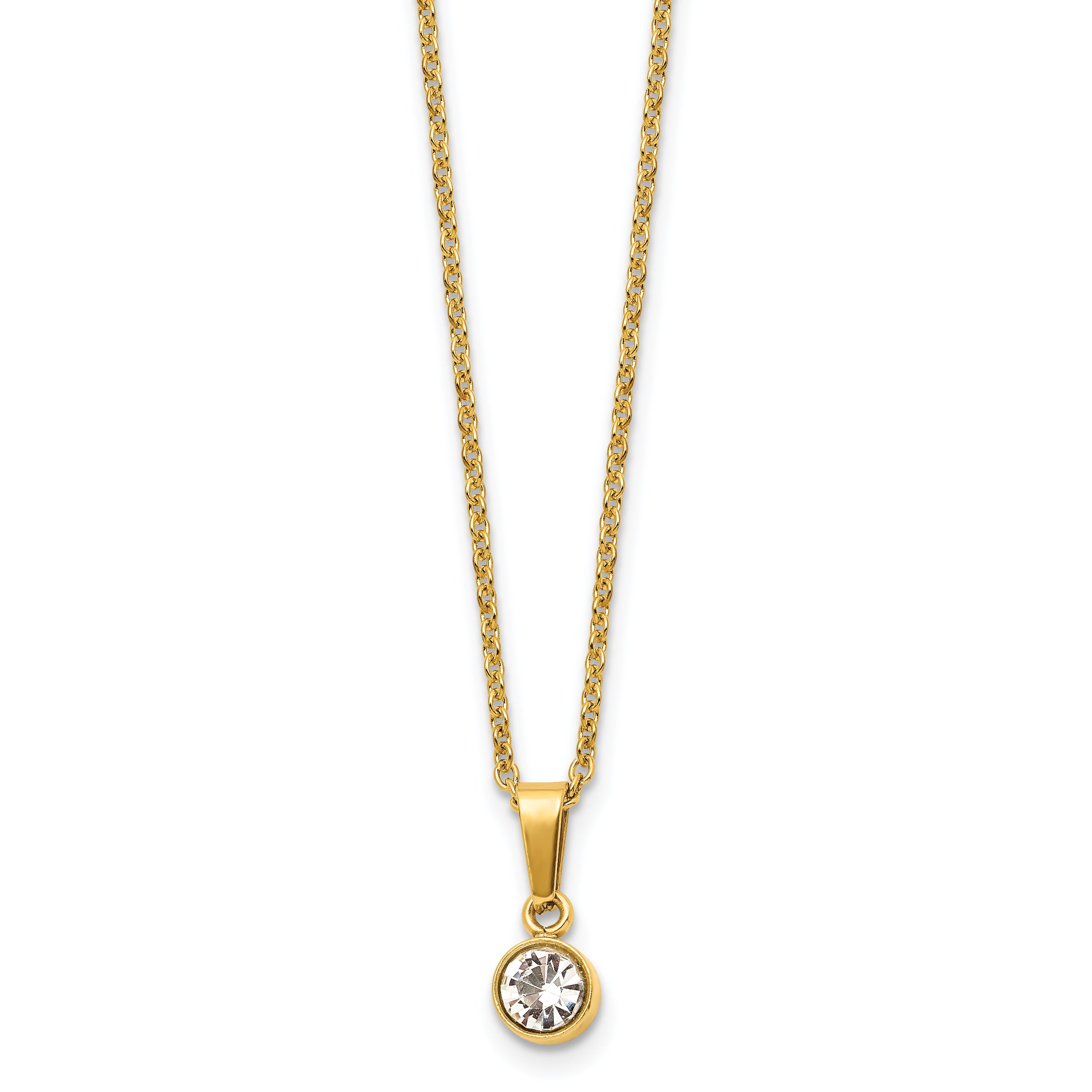 Chisel Stainless Steel Polished Yellow IP-plated Crystal Pendant on a 16 inch Cable Chain with a 2 inch Extension Necklace