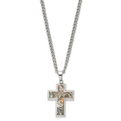 Chisel Stainless Steel Polished Printed Hunting Camo Under Rubber Cross Pendant on a 24 inch Curb Chain Necklace