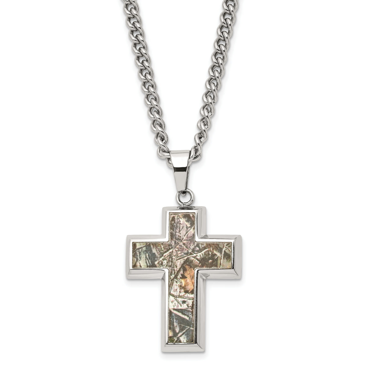 Chisel Stainless Steel Polished Printed Hunting Camo Under Rubber Cross Pendant on a 24 inch Curb Chain Necklace