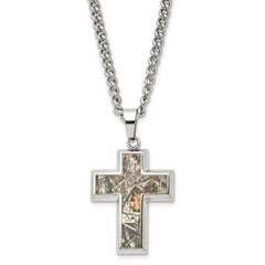 Chisel Stainless Steel Polished Printed Hunting Camo Under Rubber Cross Pendant on a 24 inch Curb Chain Necklace