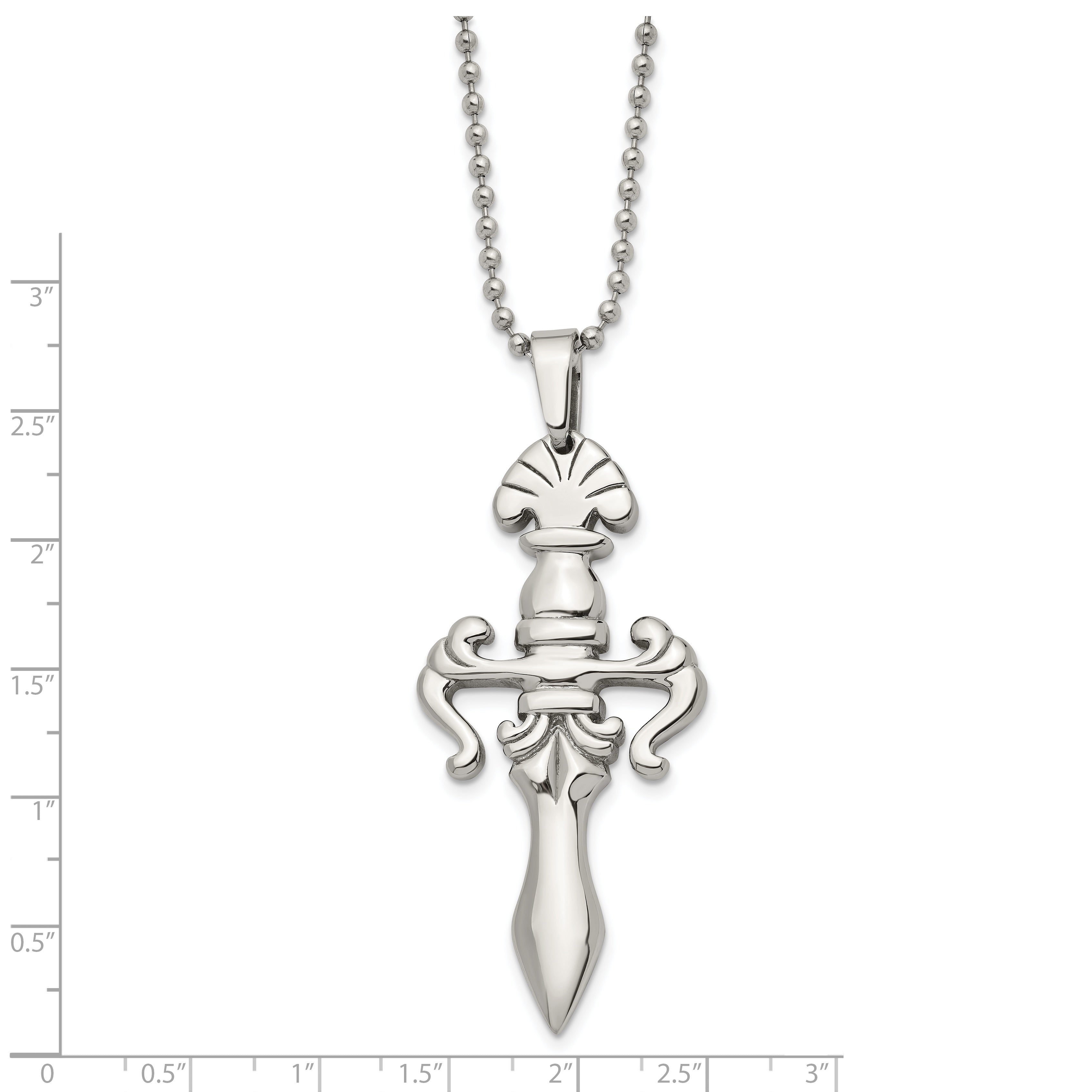 Chisel Stainless Steel Polished Dagger Pendant on a 24 inch Ball Chain Necklace