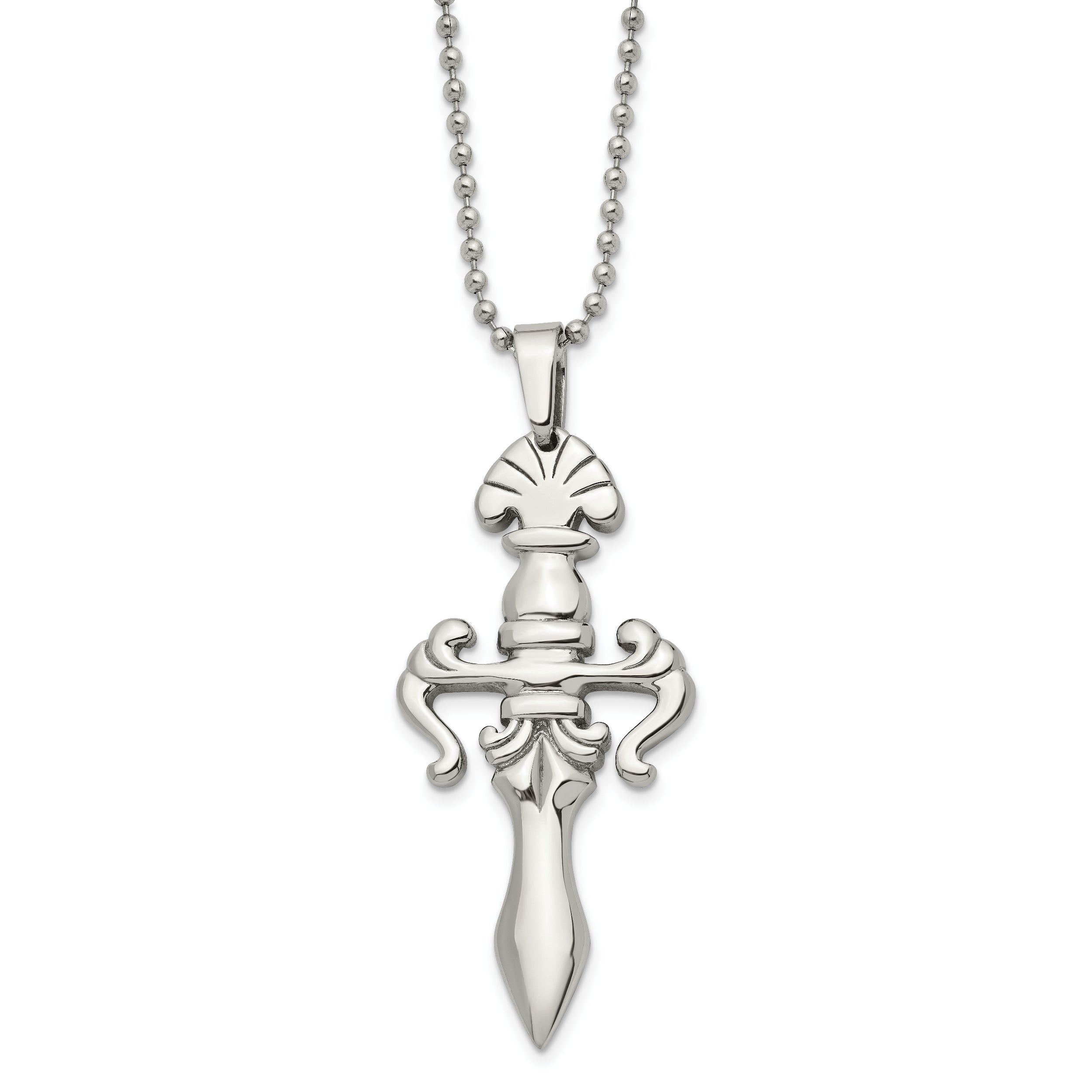 Chisel Stainless Steel Polished Dagger Pendant on a 24 inch Ball Chain Necklace