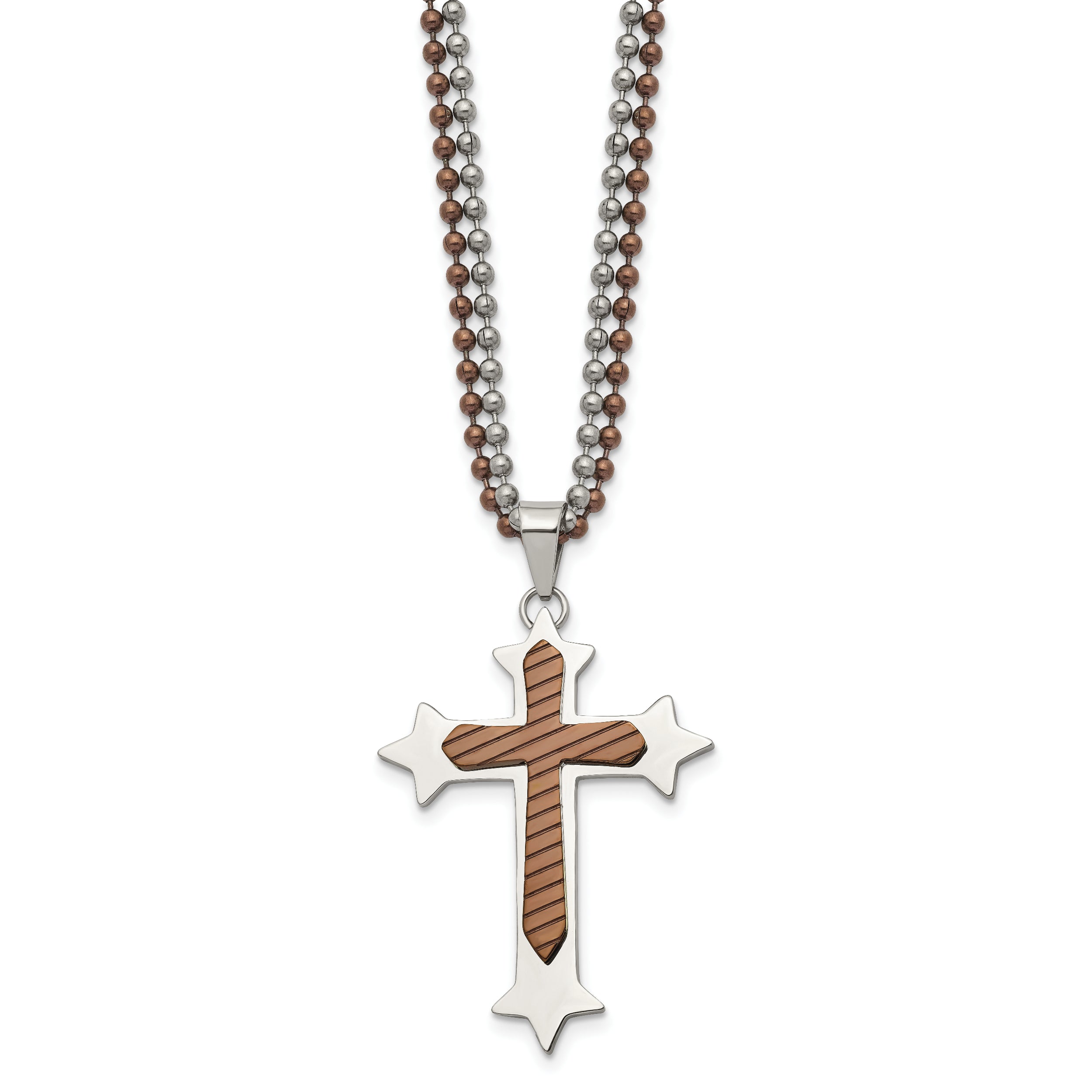 Chisel Stainless Steel Polished Brown IP-plated Cross Pendant on 24 inch Double Ball Chain Necklace