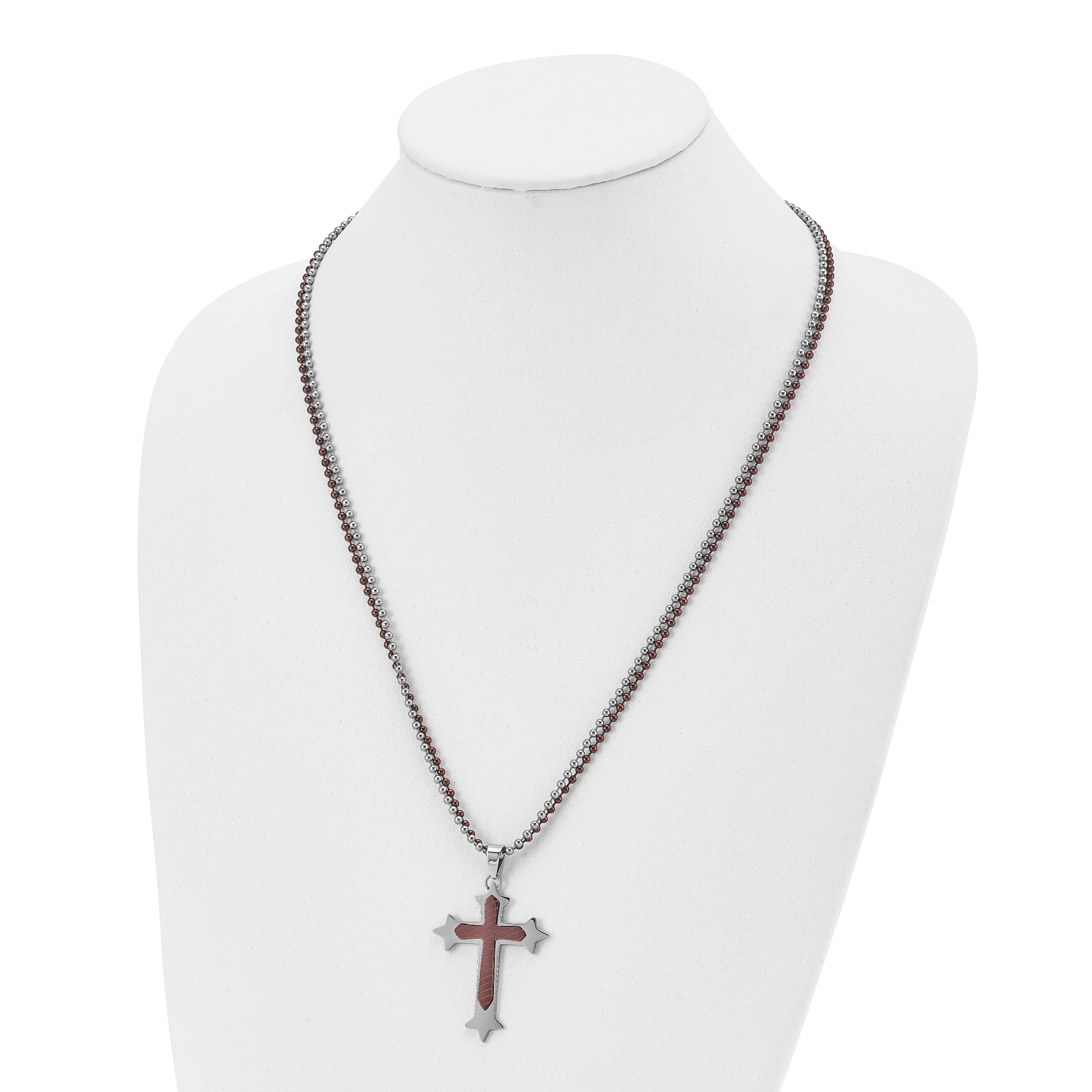 Chisel Stainless Steel Polished Brown IP-plated Cross Pendant on 24 inch Double Ball Chain Necklace