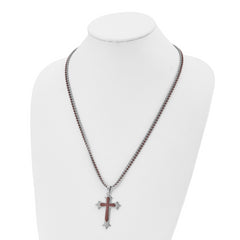 Chisel Stainless Steel Polished Brown IP-plated Cross Pendant on 24 inch Double Ball Chain Necklace