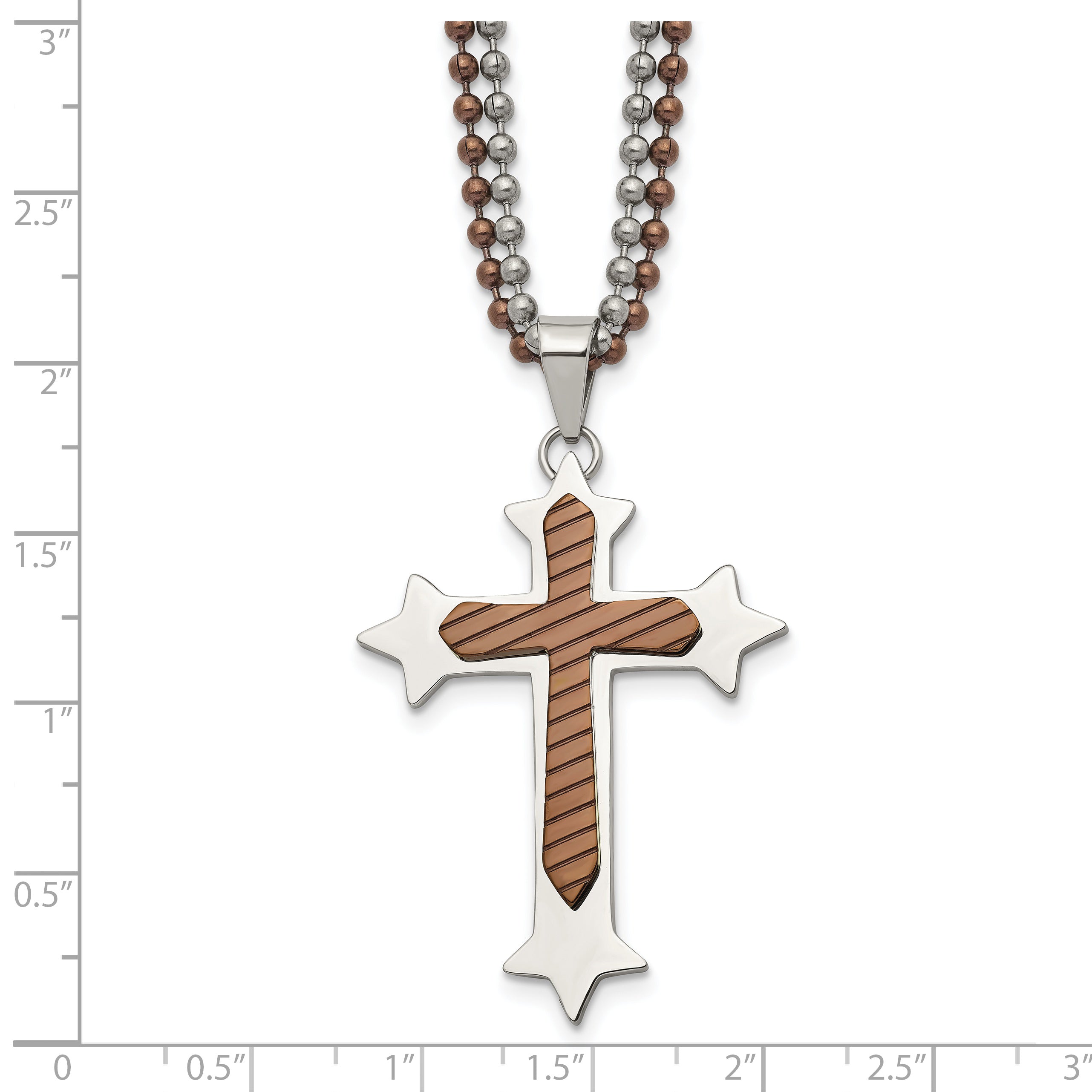 Chisel Stainless Steel Polished Brown IP-plated Cross Pendant on 24 inch Double Ball Chain Necklace